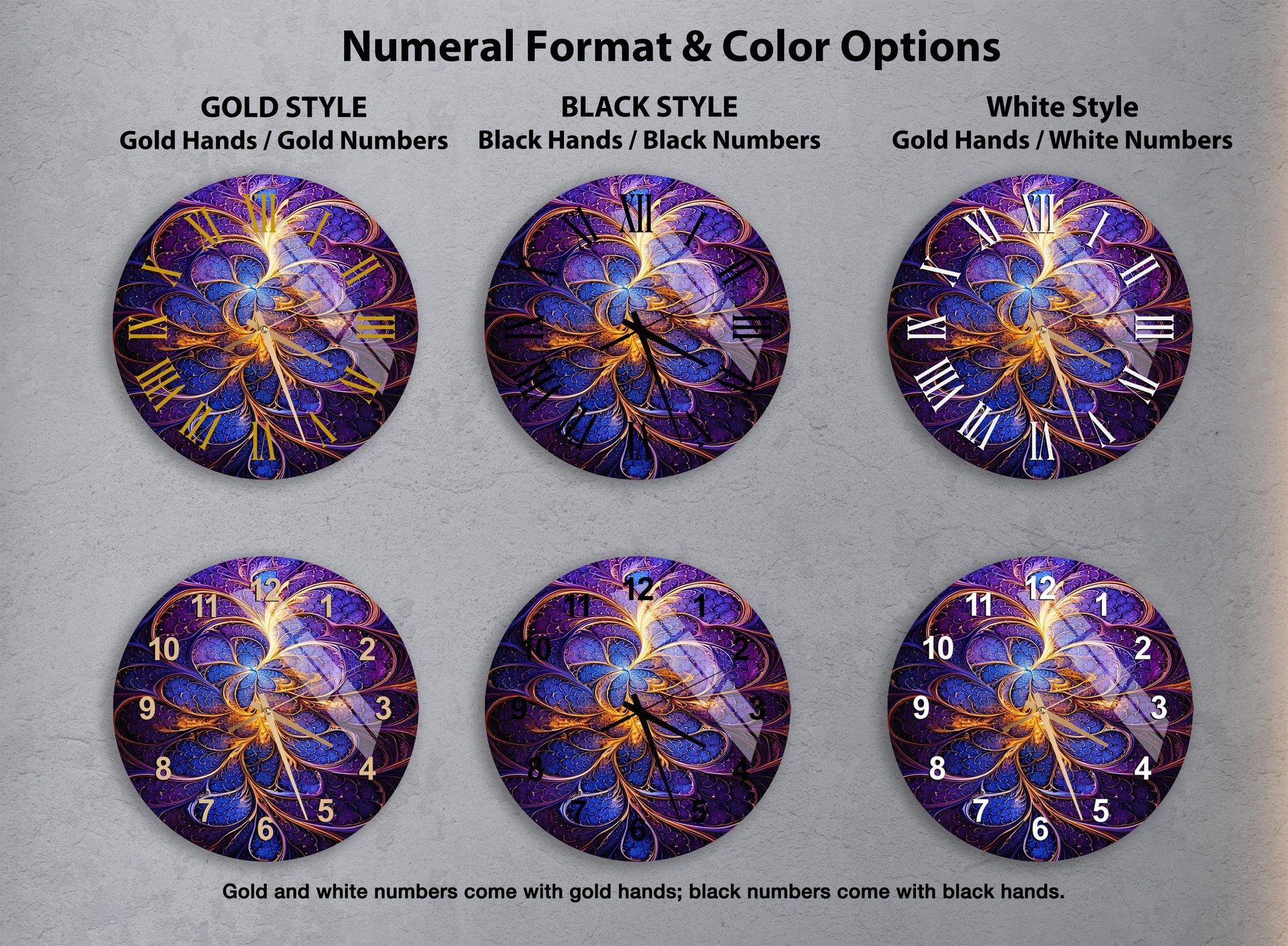 a set of four clocks with different designs on them