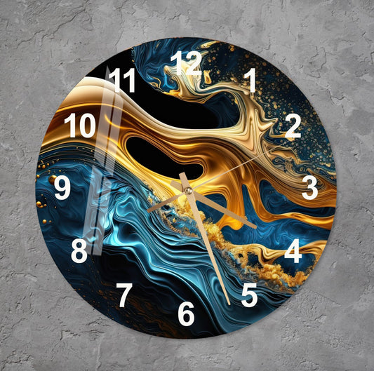 Modern Glass Wall Clock – Blue Gold Abstract Art | Silent Tempered Glass Timepiece