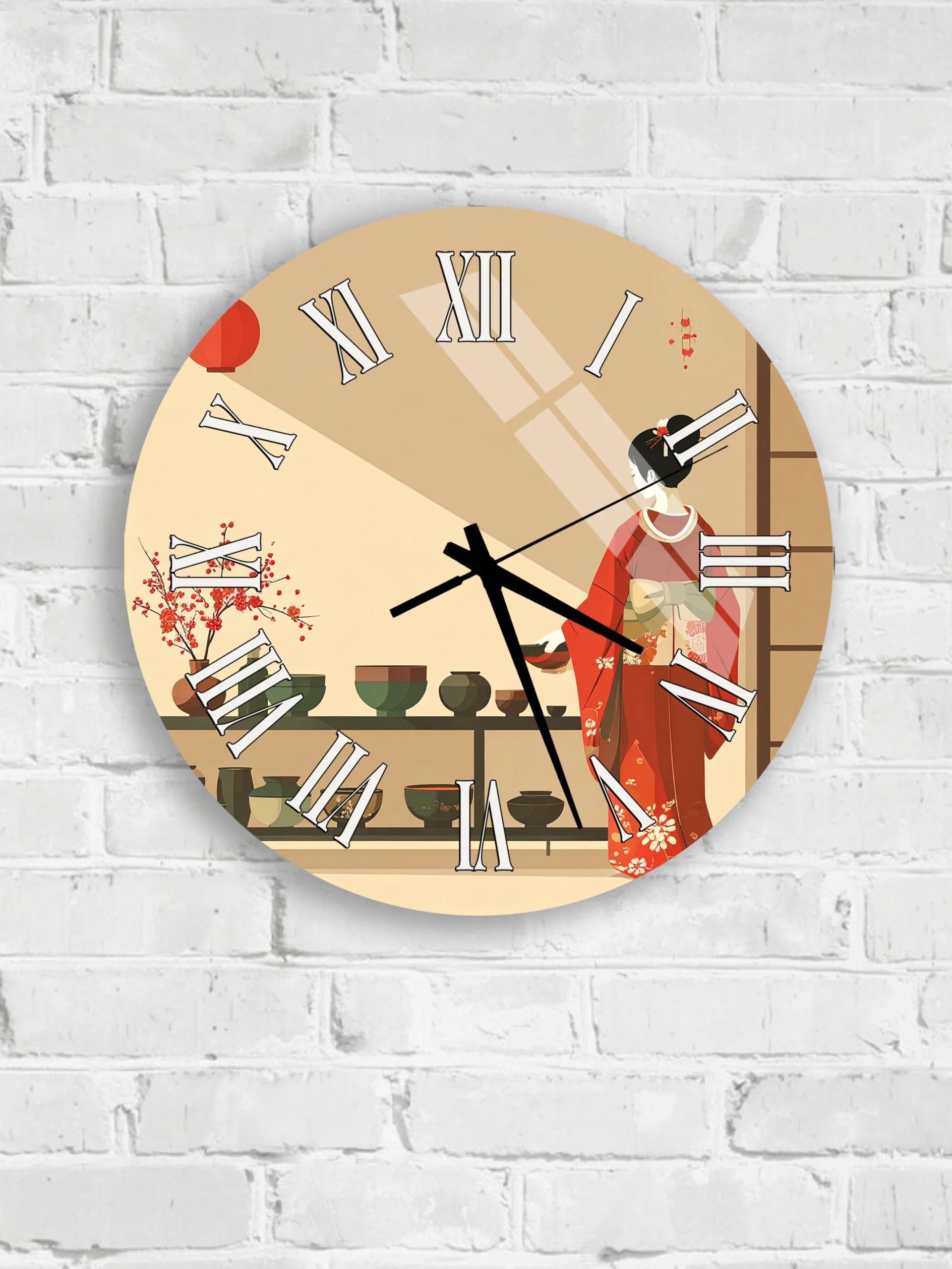 A round wall clock with a design featuring a woman in traditional Japanese attire, surrounded by various decorative elements such as vases and a potted plant.