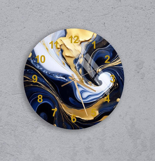 Tempered Glass Wall Clock – Marble Style Navy Blue with Gold Powder Accents