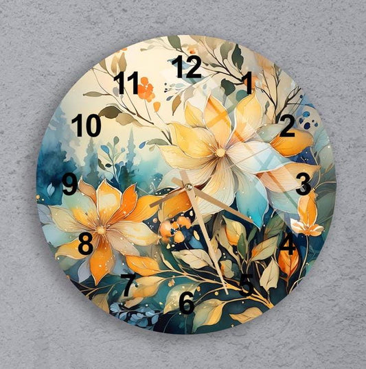Tempered Glass Wall Clock – Tropical Botanical Floral Design, Modern Silent Decor