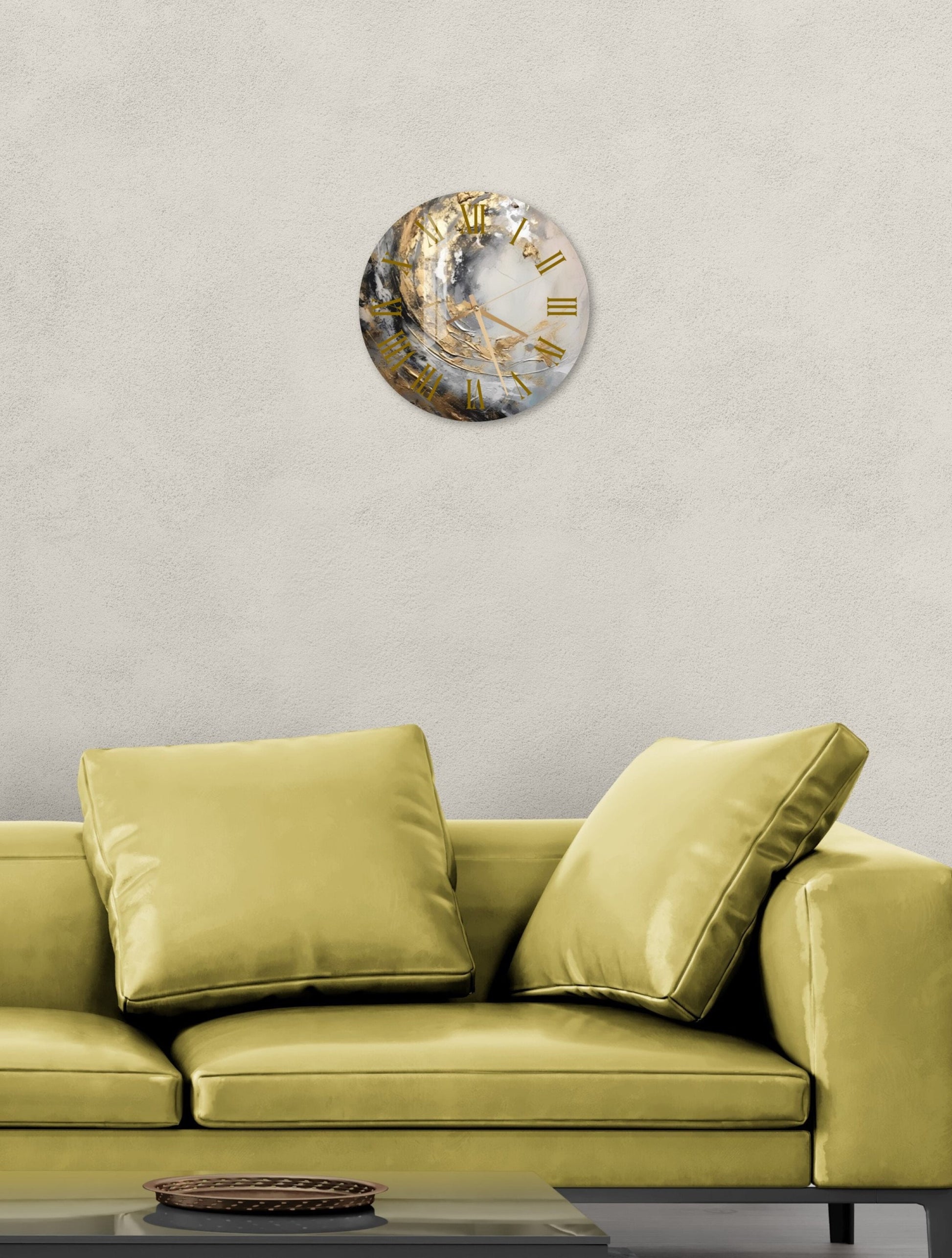 a living room with a couch and a clock on the wall