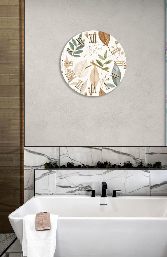 Tempered Glass Wall Clock - Botanical Floral Design, Gold Hands, Large Decor