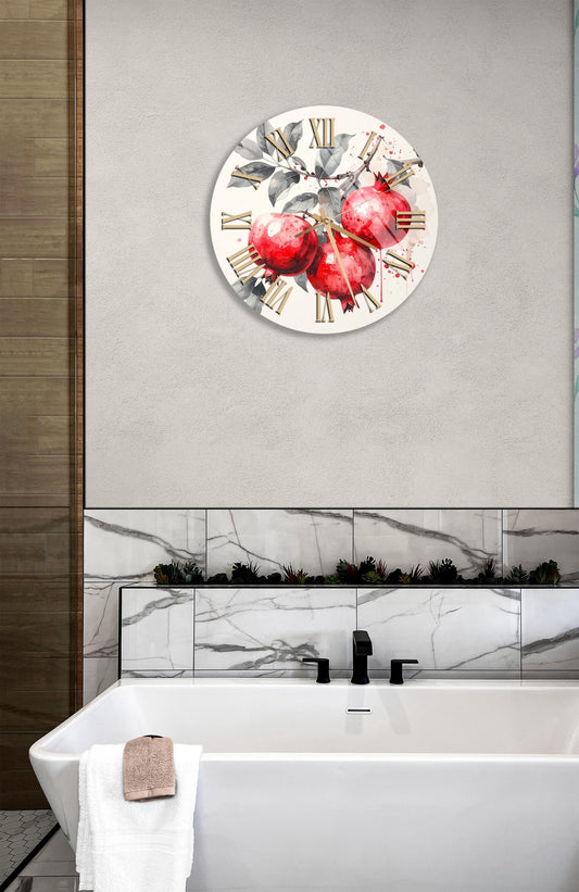 Tempered Glass Wall Clock – Pomegranate Red Accent | Oversized Floral Pattern