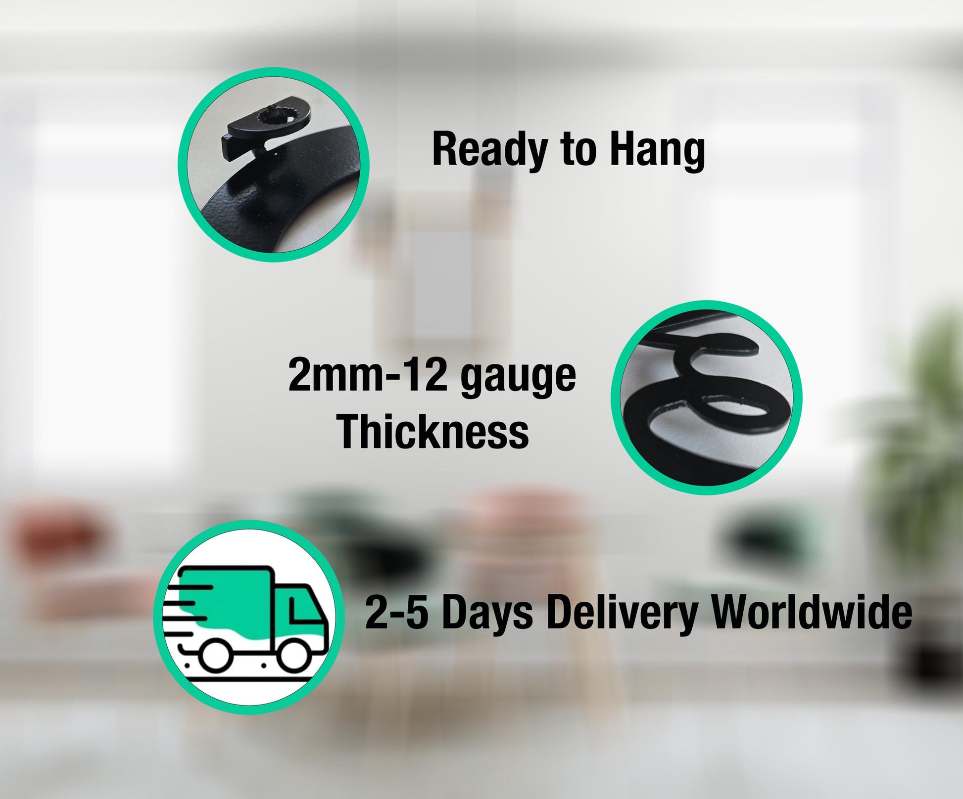 The image is a collage of three images, each highlighting different features of a product. The first image shows a black object with a black strap, the second image displays a black object with a black spring, and the third image features a green delivery truck.