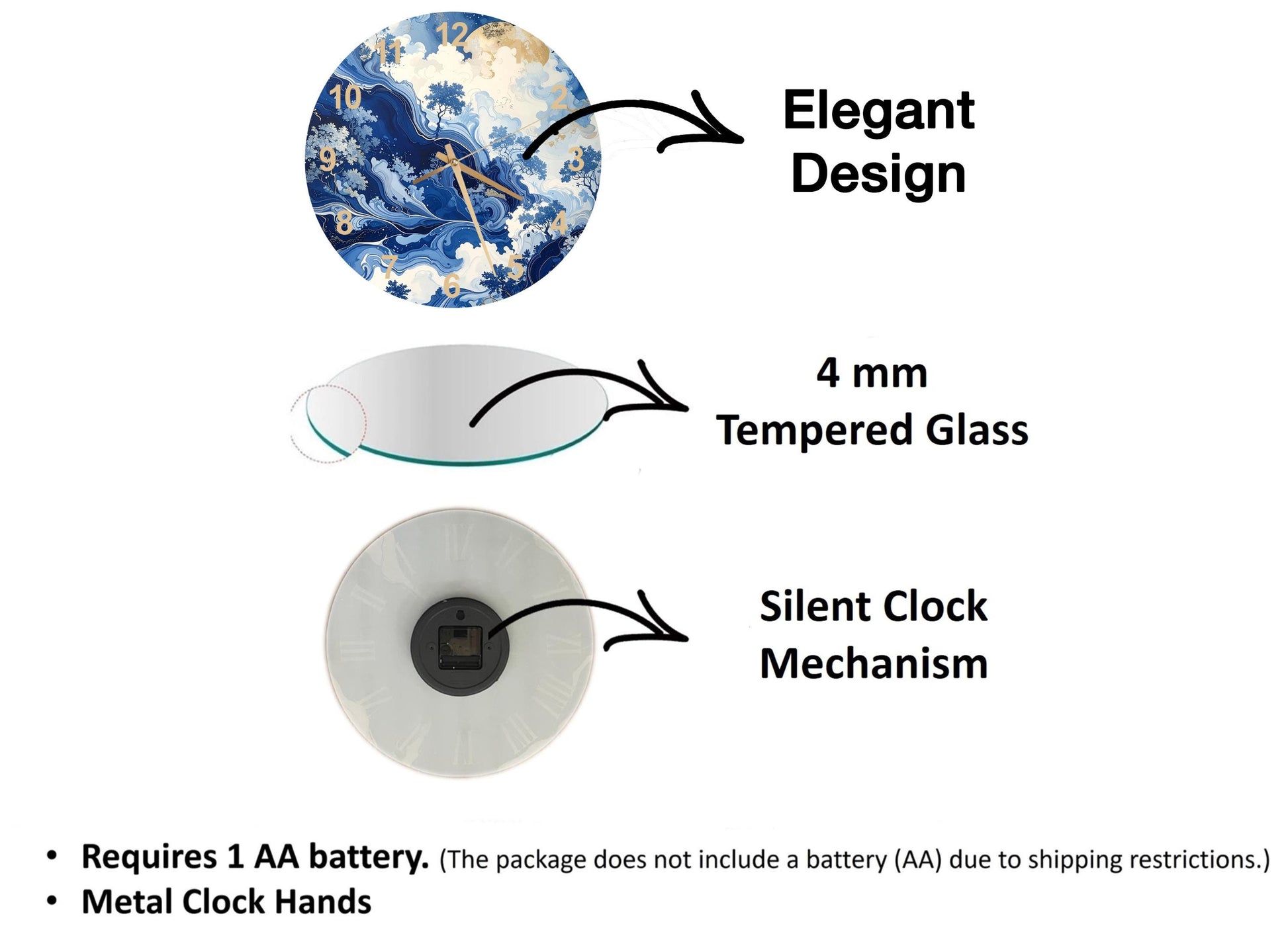 The image is a diagram that illustrates the features of a clock, including its design, size, and mechanism. It shows a 4 mm Tempered Glass clock, a silent clock mechanism, and a metal clock hand. The diagram also includes text that explains the features of the clock, such as the requirement of a 1 AA battery and the absence of a battery (AA) due to shipping restrictions.