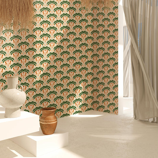 a room with a patterned wallpaper, a white pedestal with a brown vase, and a window with a curtain.