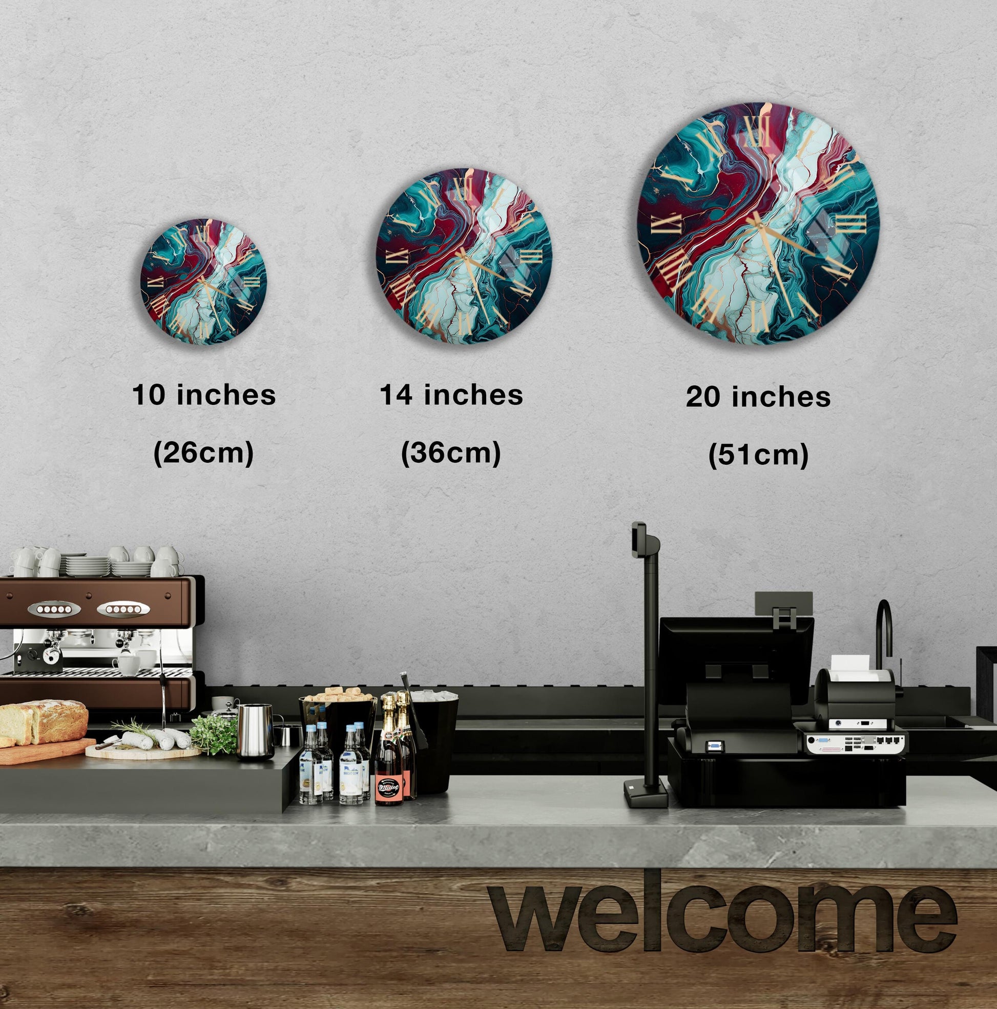 a coffee shop with three clocks on the wall