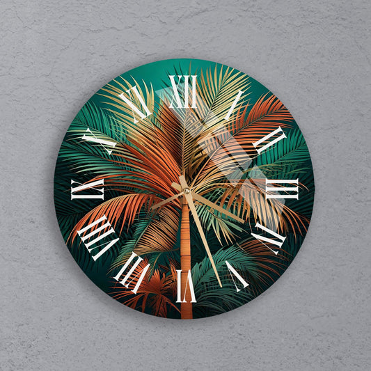 a clock with a palm tree and roman numerals