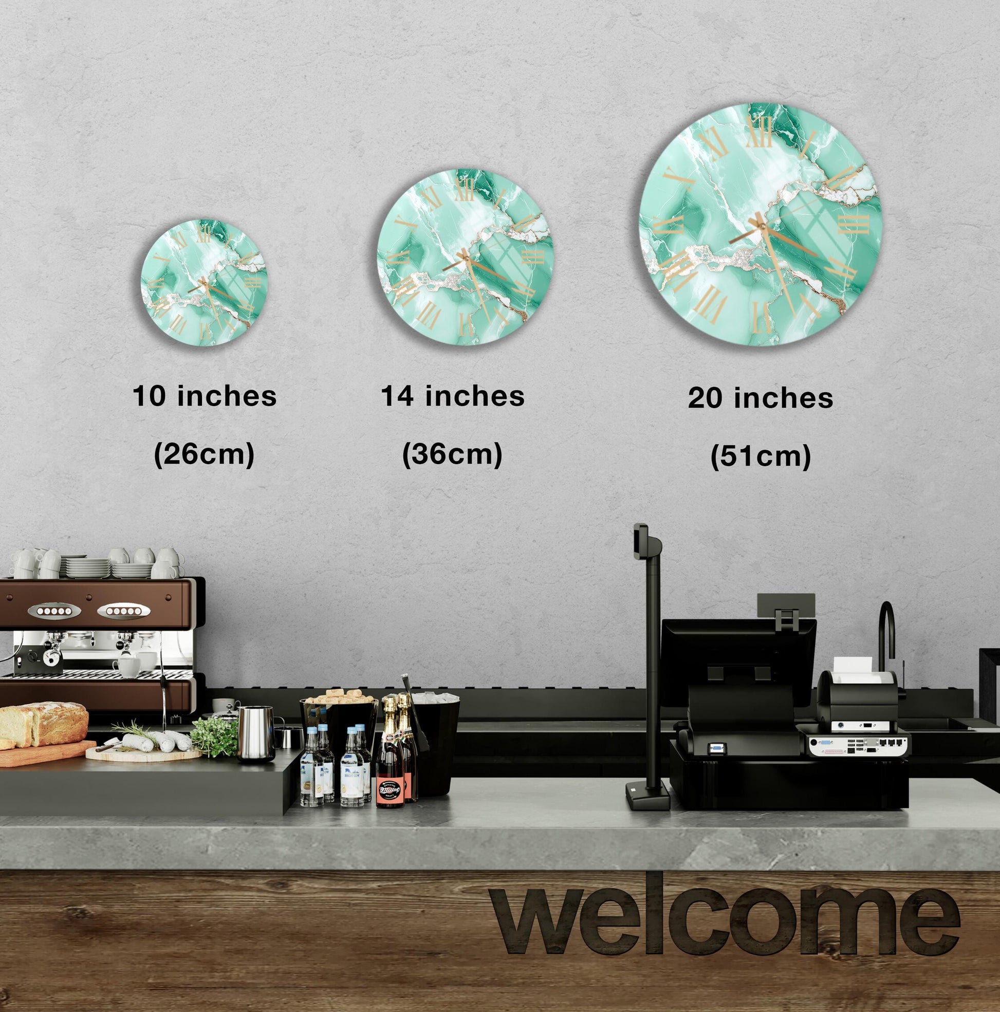 a counter with a cash register, a coffee machine, and various food items such as bottles and bread. There are three clock designs displayed on the wall, each representing a different size: 10 inches, 14 inches, and 20 inches. The image also includes a welcome sign at the bottom of the counter.