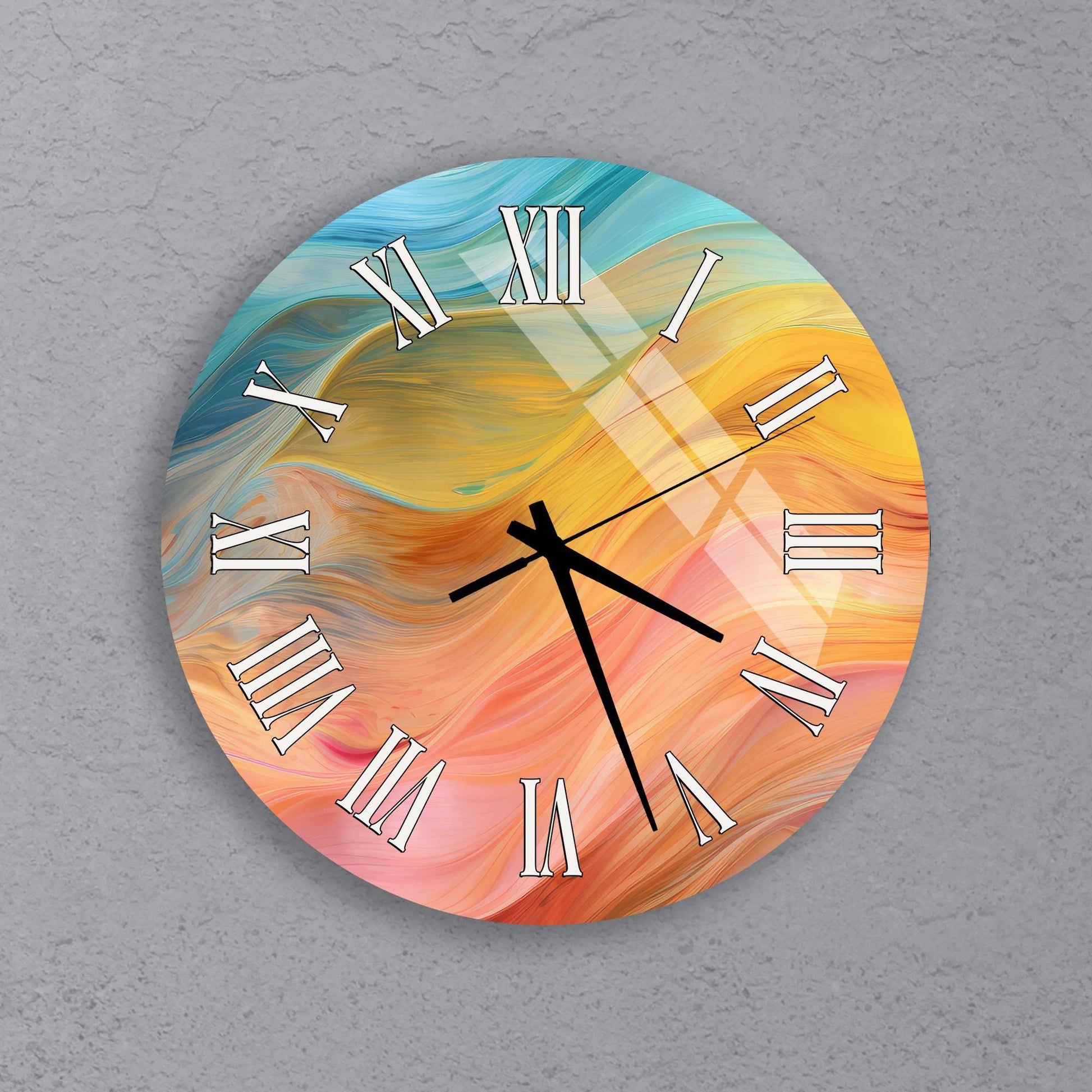 A round wall clock with a colorful abstract design featuring swirling patterns in shades of blue, orange, and yellow.