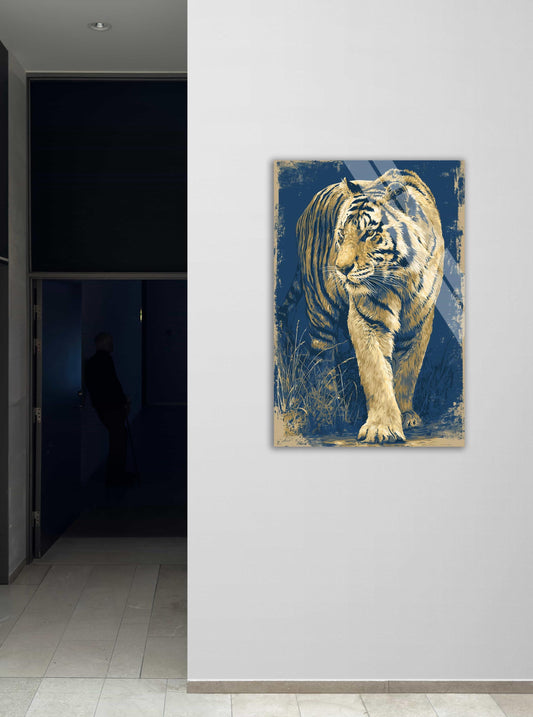 Tiger Tempered Glass Art – Majestic Jungle King Portrait | Blue Gold Bengal Cat