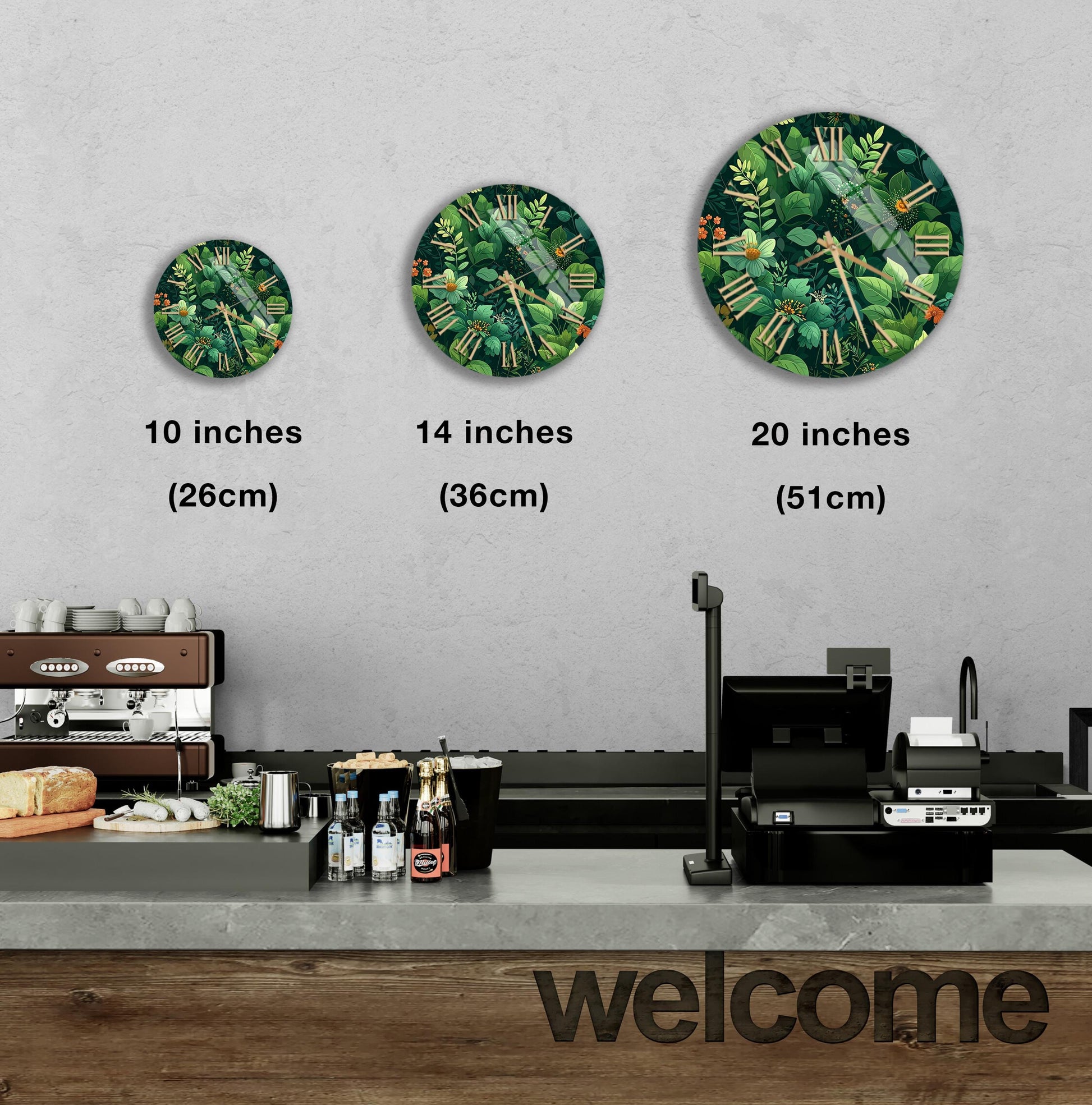 a counter in a restaurant with a welcome sign, and there are three clock-like designs on the wall above the counter.