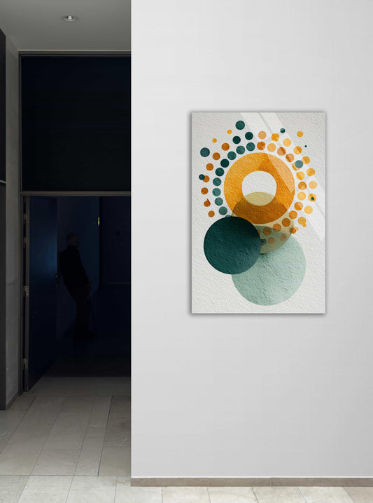 Mid Century Modern Wall Art - Abstract Geometric Circle Decor on Tempered Glass