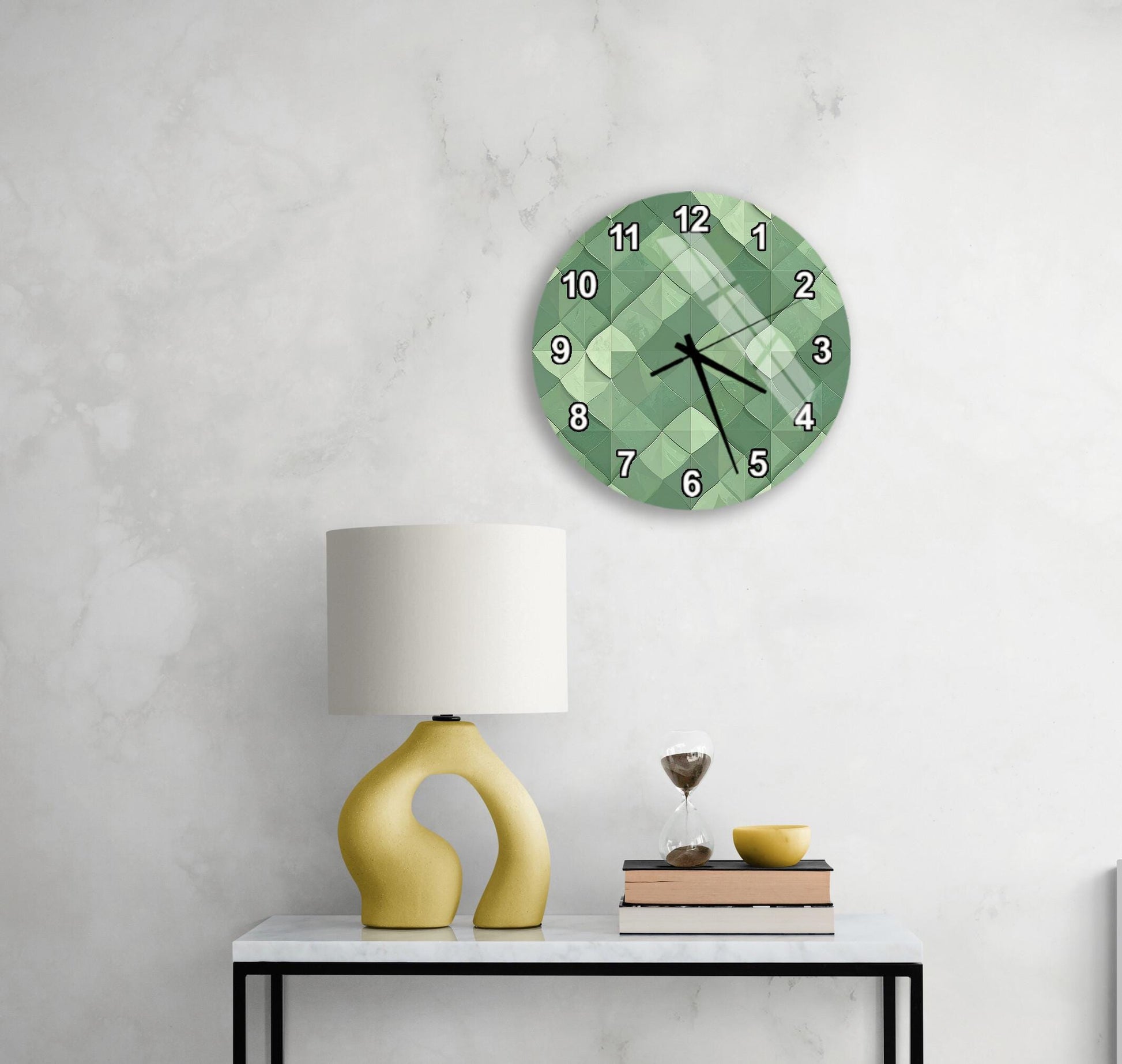 a modern living room with a white marble wall, a round green wall clock, a yellow lamp, a white table, and a stack of books.