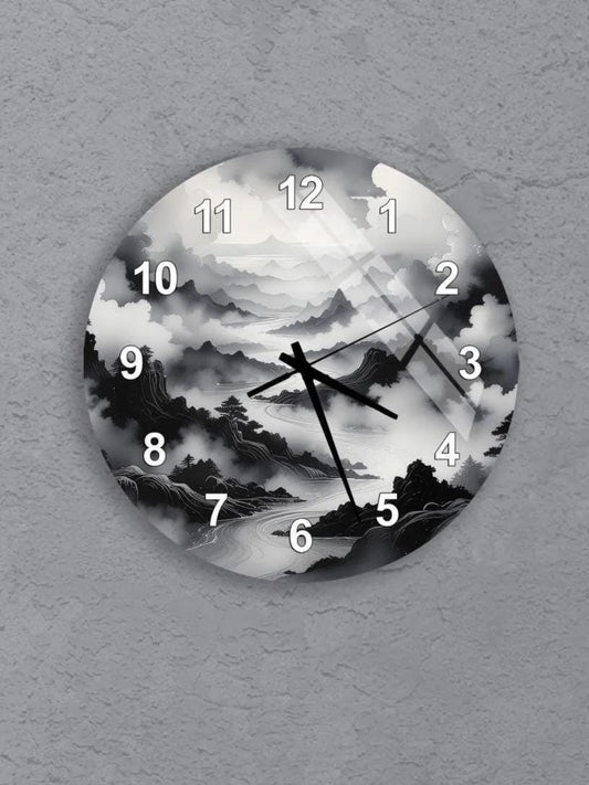 six circular wall clocks with different designs, all featuring clouds and the numbers 1 through 12.