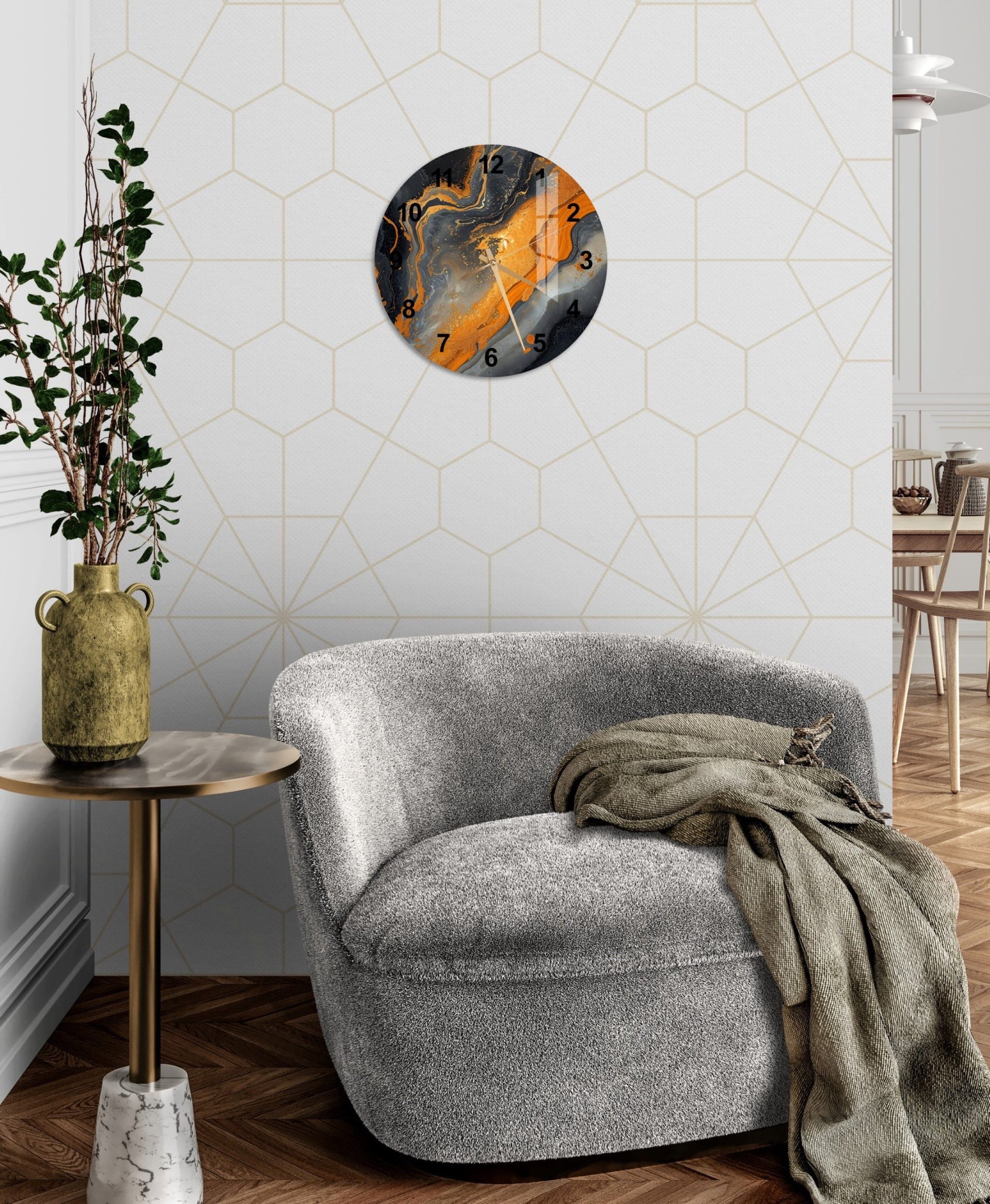 a living room with a couch and a table