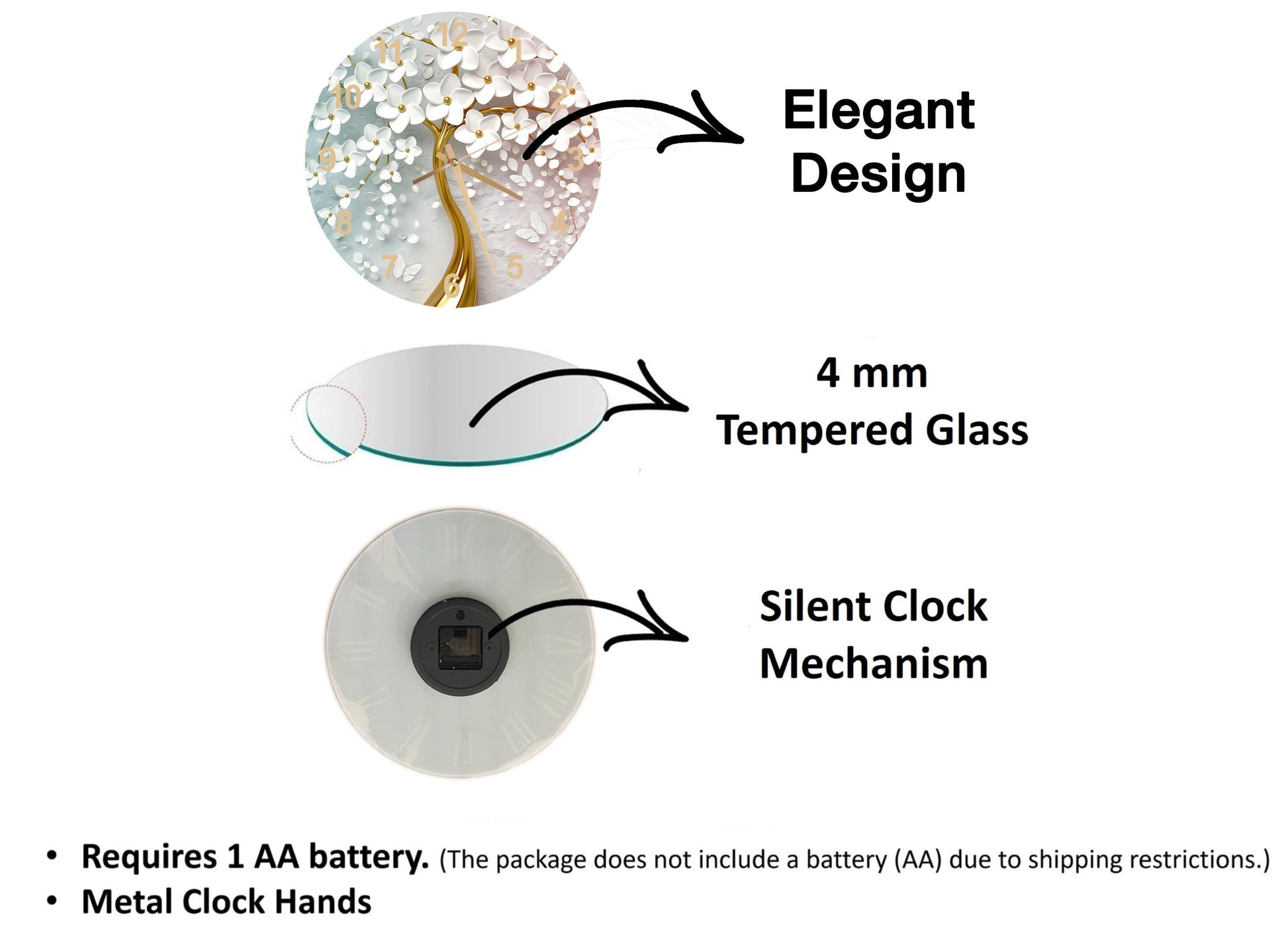 The image is a diagram that illustrates the features of a clock, including its design, size, and mechanism.