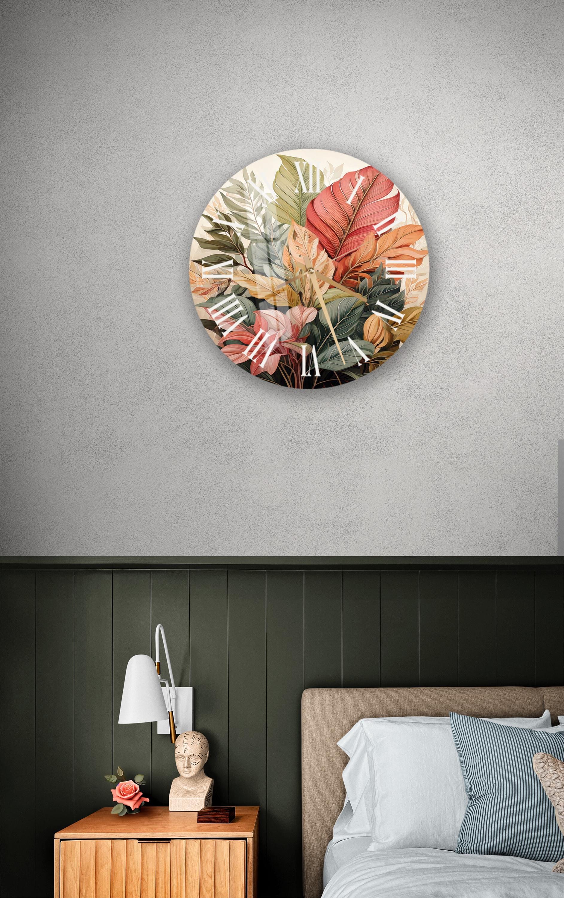 a bedroom with a bed, nightstand and a clock on the wall