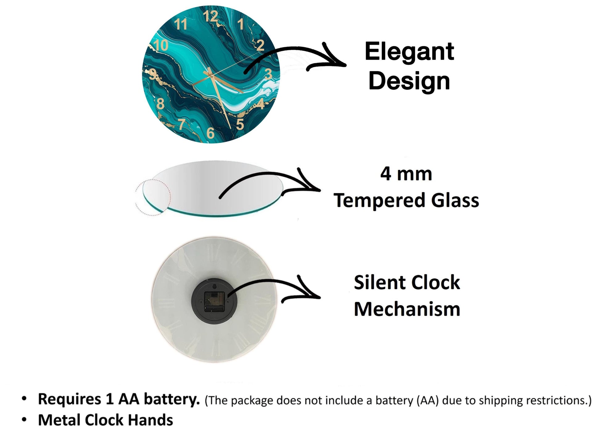 a clock with a marble-style design, a 4 mm Tempered Glass face, and a silent clock mechanism. It also includes a description of the clock's features, such as the need for a 1 AA battery and the absence of a battery (AA) due to shipping restrictions.
