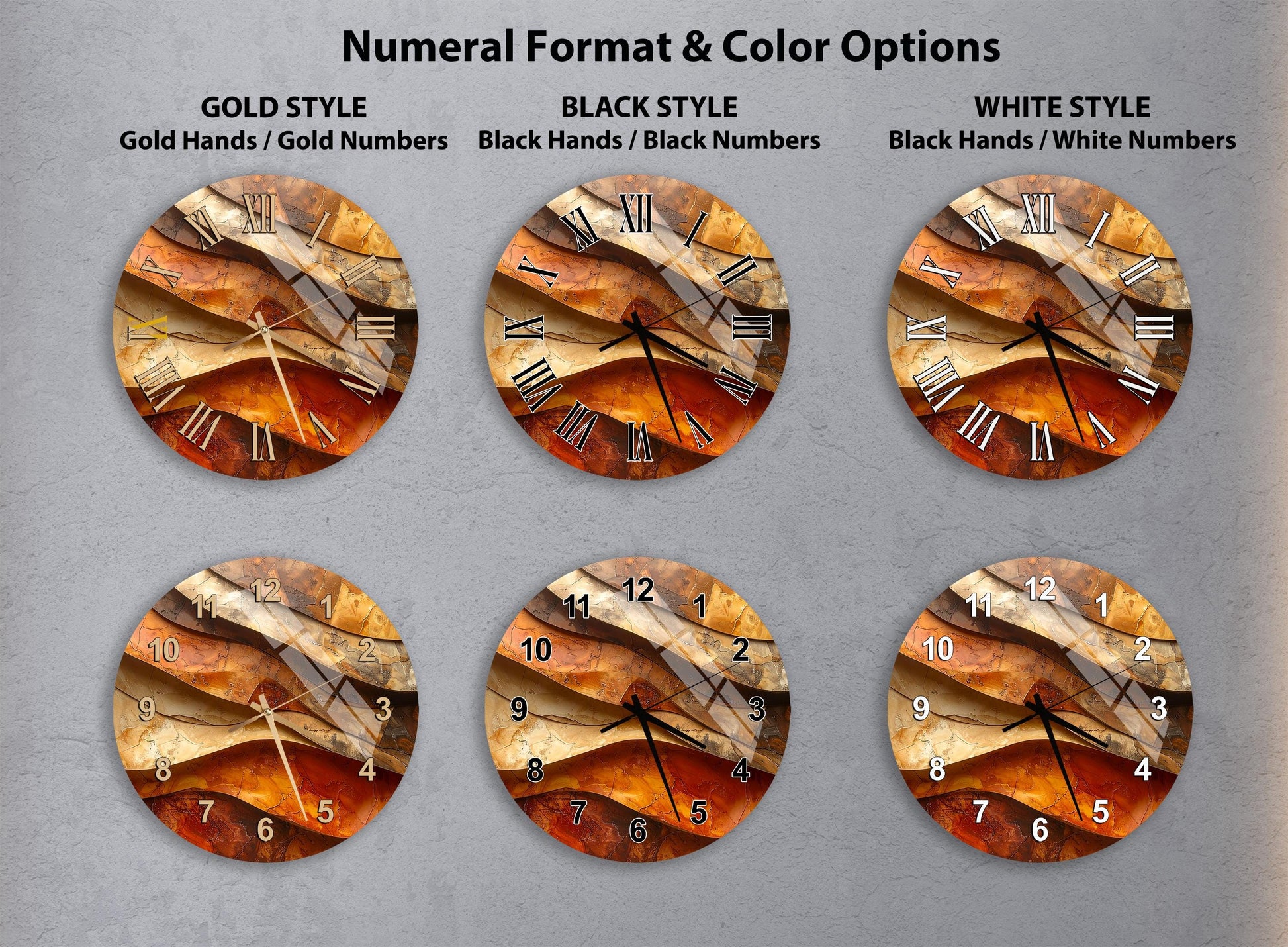 a collection of six clock faces with different styles and color options, arranged in a grid format.