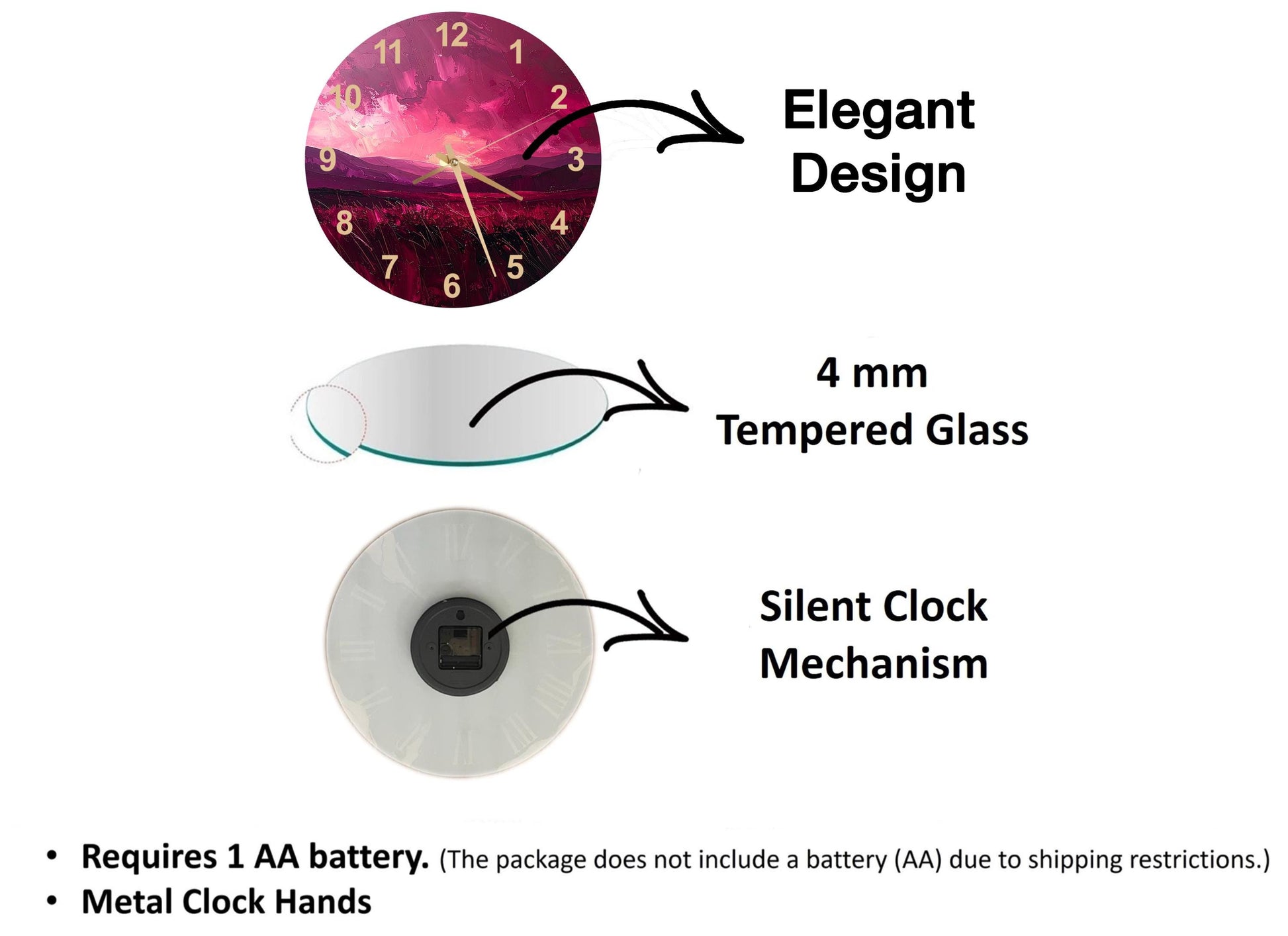 The image is a 3D rendering of a clock with a 4 mm Tempered Glass face, a 4 mm Silent Clock Mechanism, and a 1 AA battery. The image also includes a description of the clock's features, such as the 4 mm Tempered Glass and the 1 AA battery.