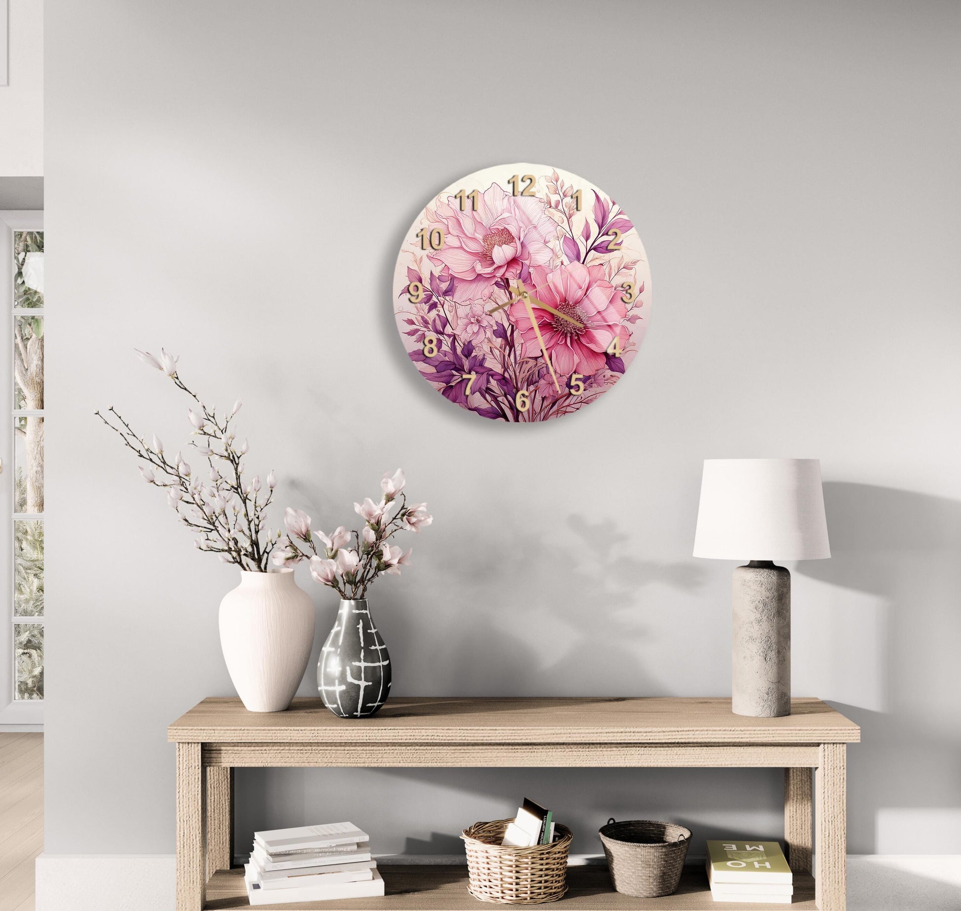 a wooden table with a vase of flowers on top of it