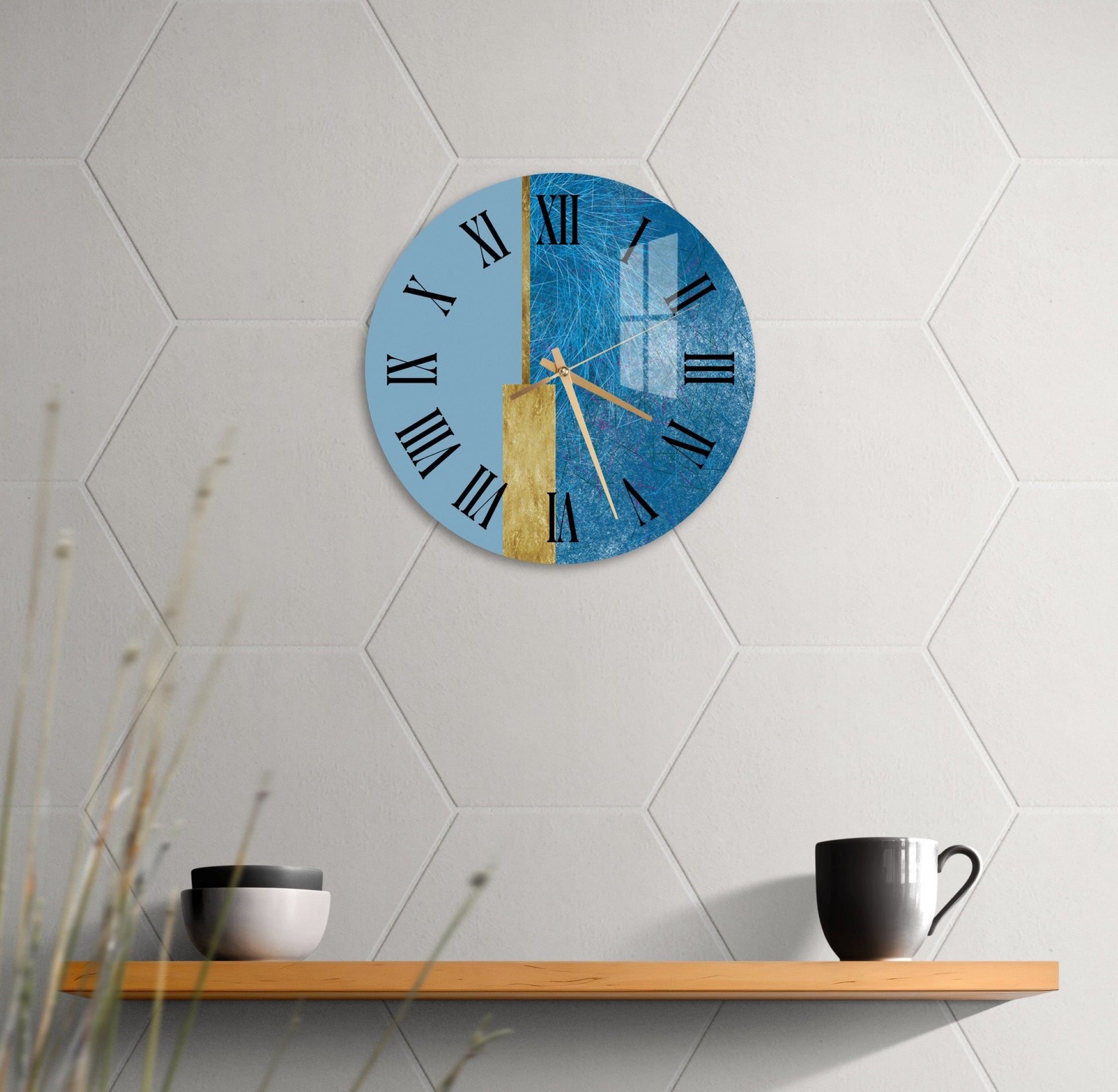 a clock with roman numerals on a white wall