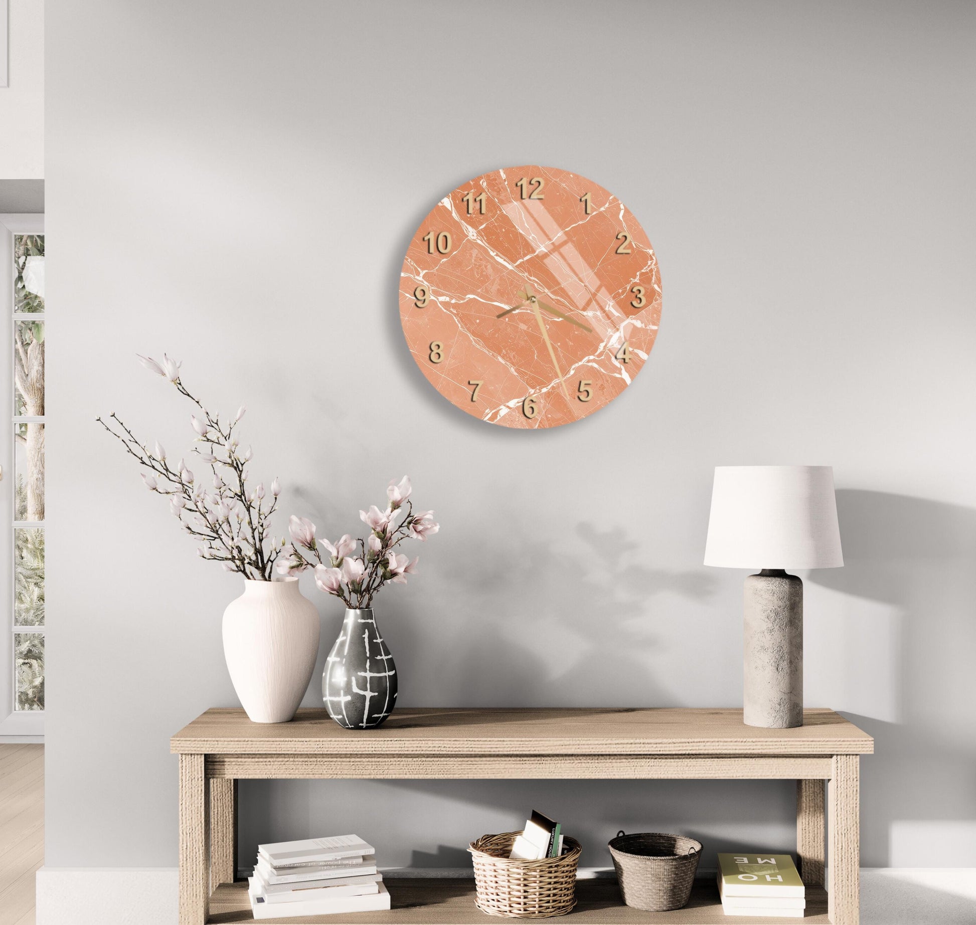 a modern living room with a wooden table, a lamp, a clock, and a vase with flowers.