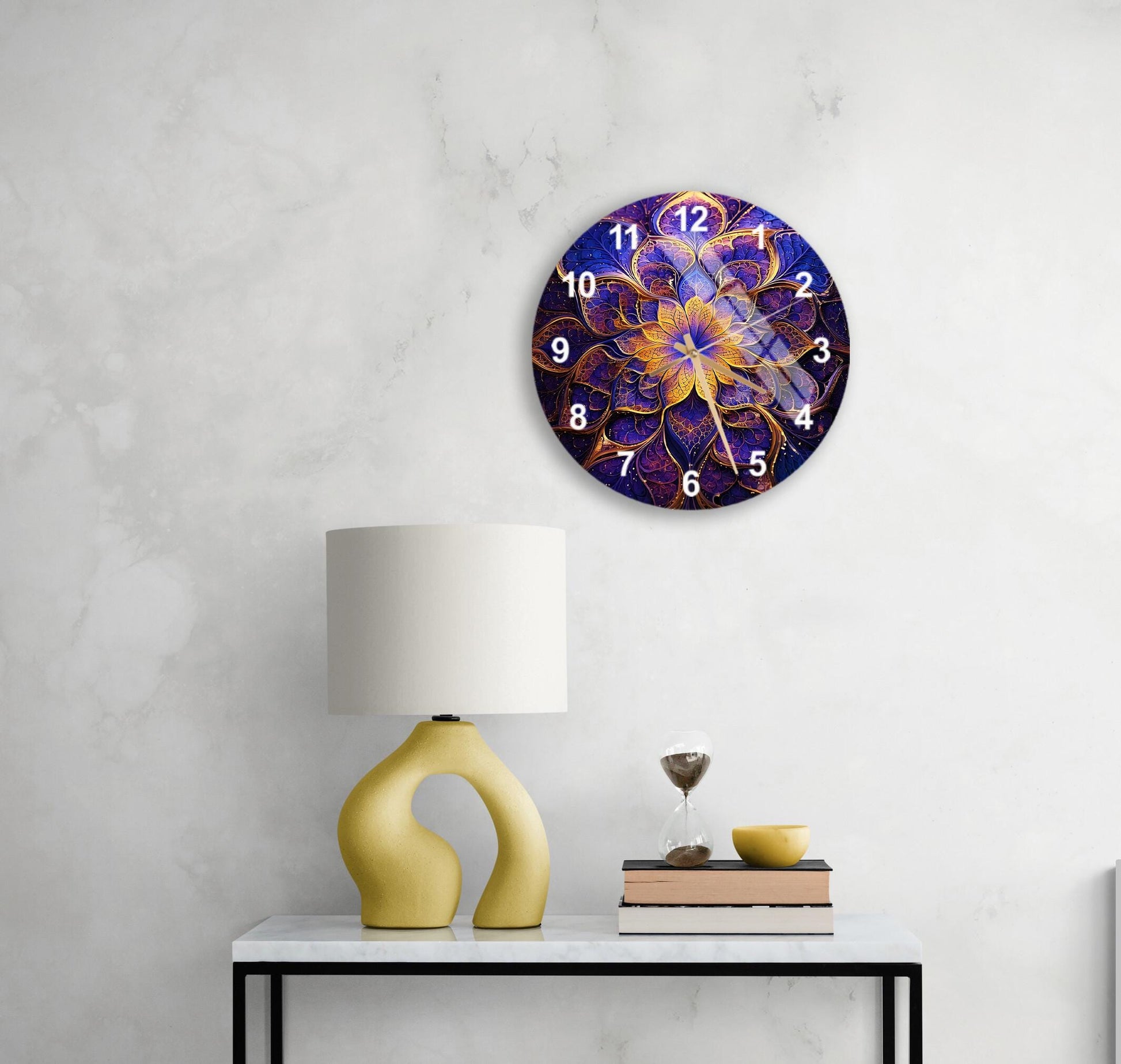 a table with a lamp and a clock on it