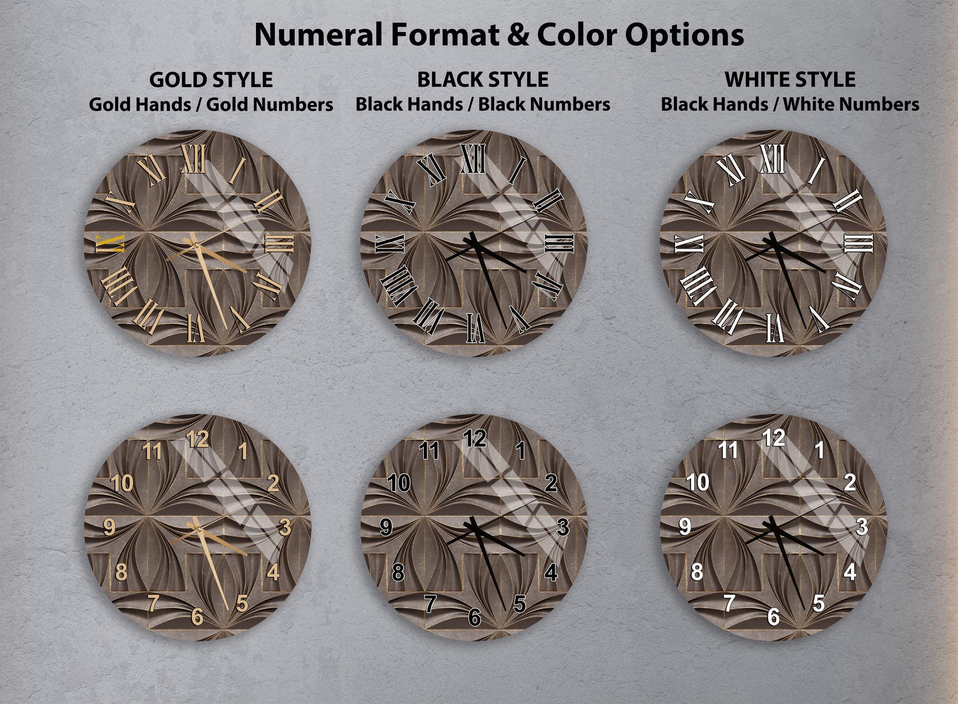 a collection of six clock faces with different styles and color options, including gold hands, black hands, black numbers, and white numbers.