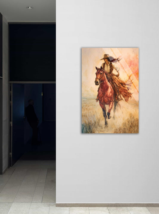 Western Cowgirl Wall Art – Rustic Ranch Decor Tempered Glass Equestrian Print