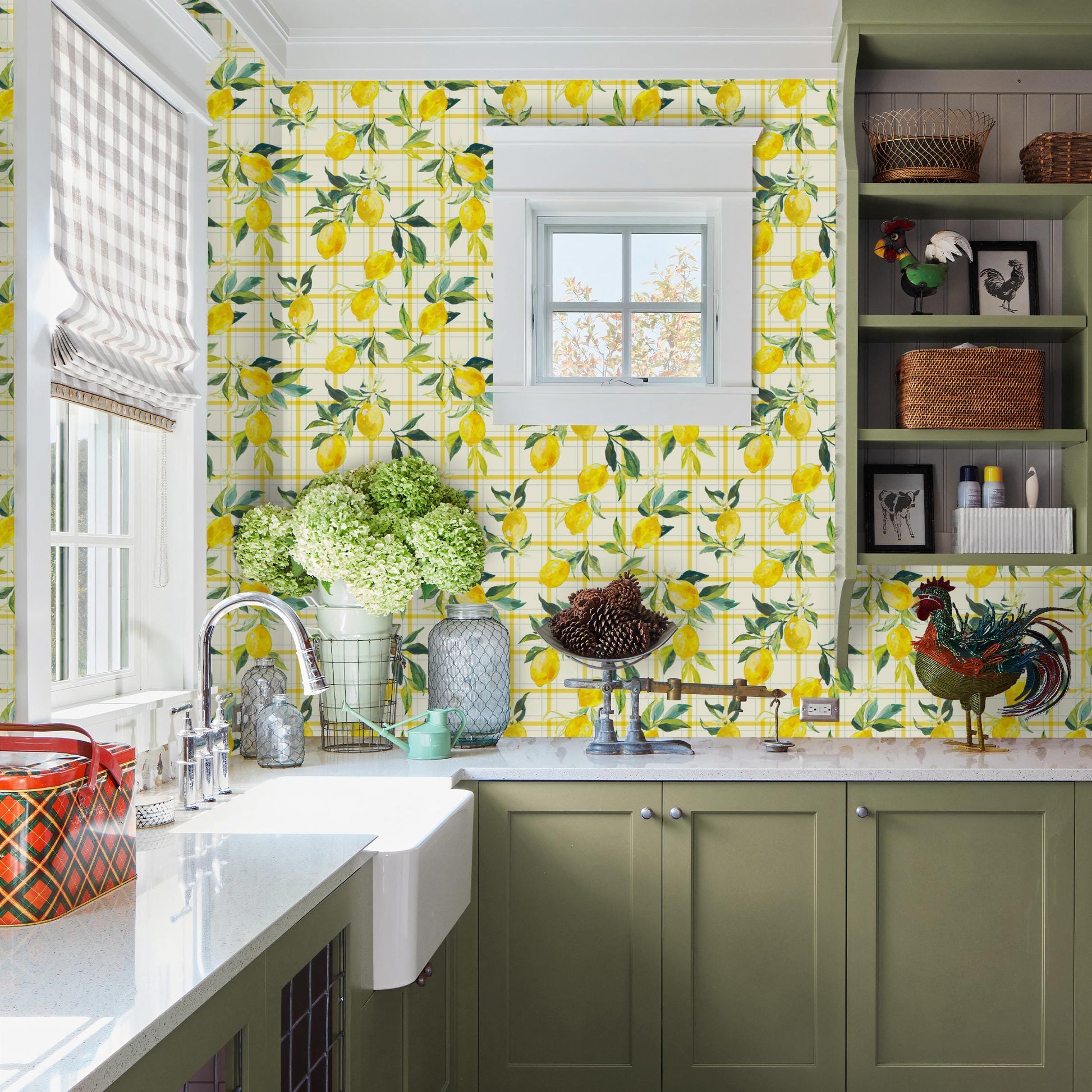 a kitchen with a vibrant yellow and green color scheme, featuring a patterned wall, a white sink, and a wooden shelf with various items.