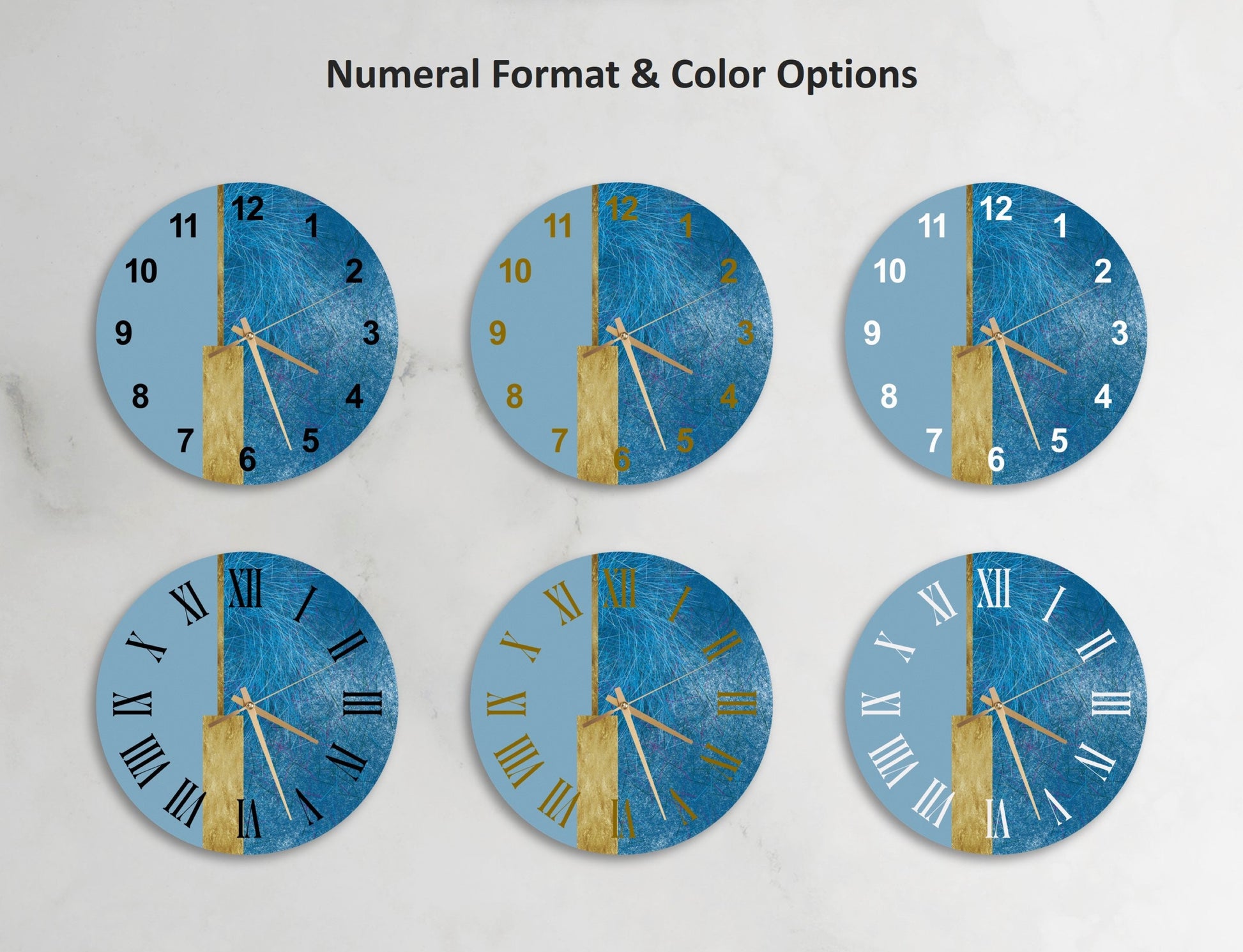 a set of four clocks with roman numerals on them