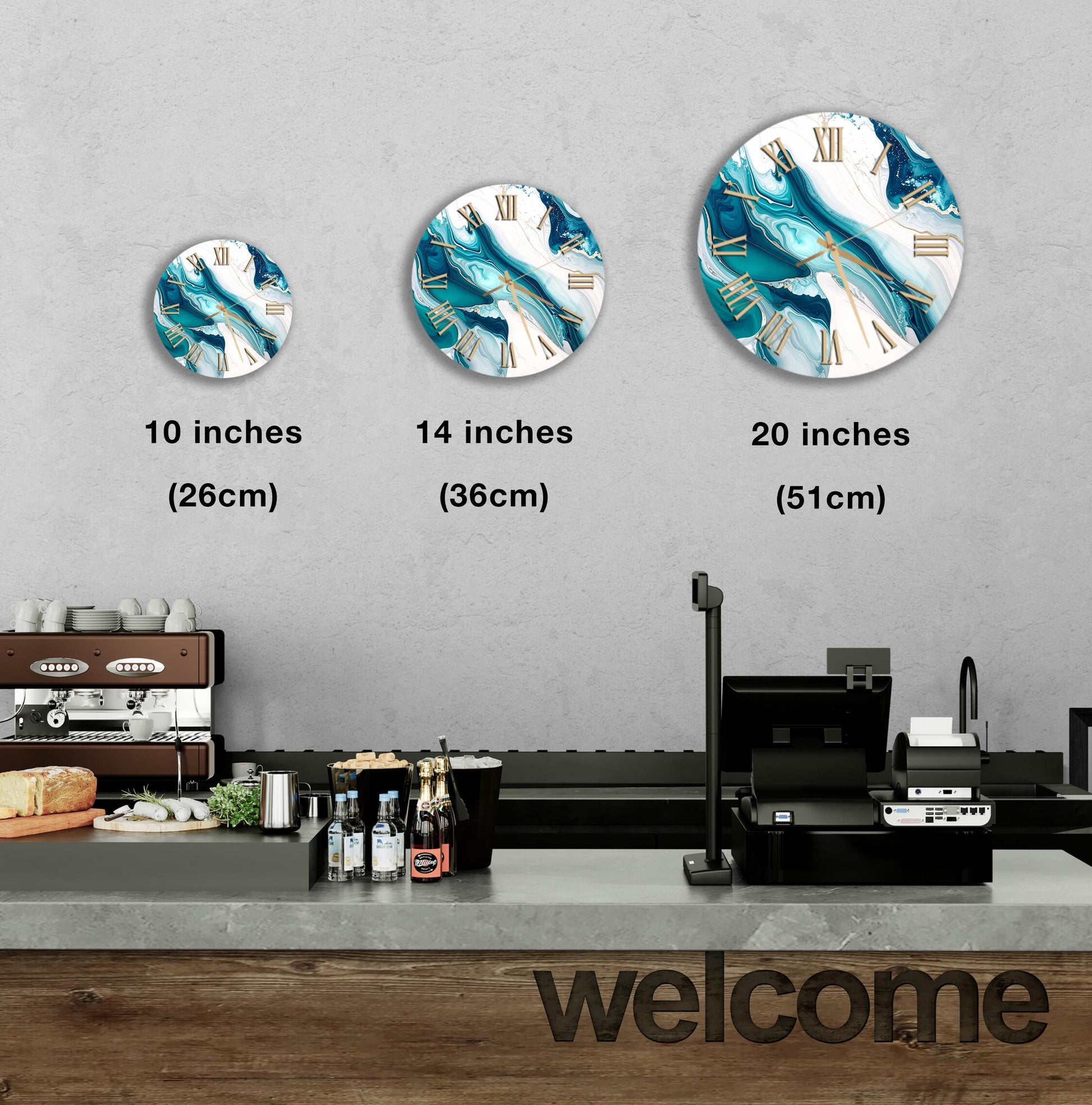 a counter with a cash register, a coffee machine, and a welcome sign. There are three clock designs displayed on the wall, each representing a different size: 10 inches, 14 inches, and 20 inches.