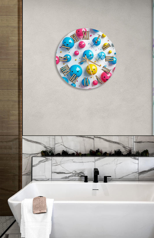 a bathroom with a white bathtub, a colorful wall clock with a playful design, and a marble tile backsplash.