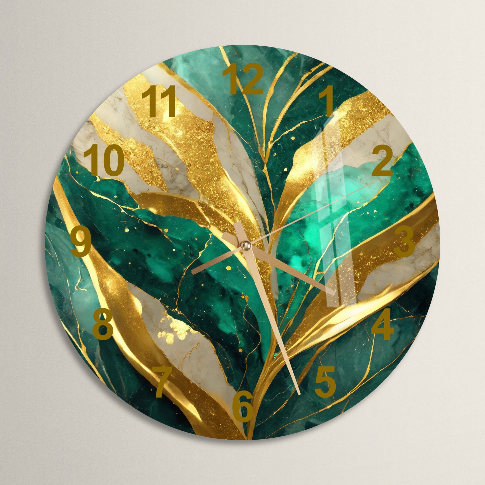 a green and gold clock with numbers on it