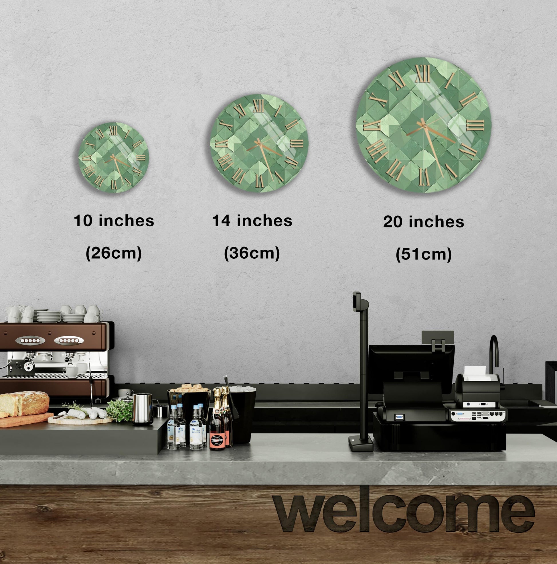 a counter with a cash register, a coffee machine, and a welcome sign. There are three clocks displayed on the wall, each with a different size and design.
