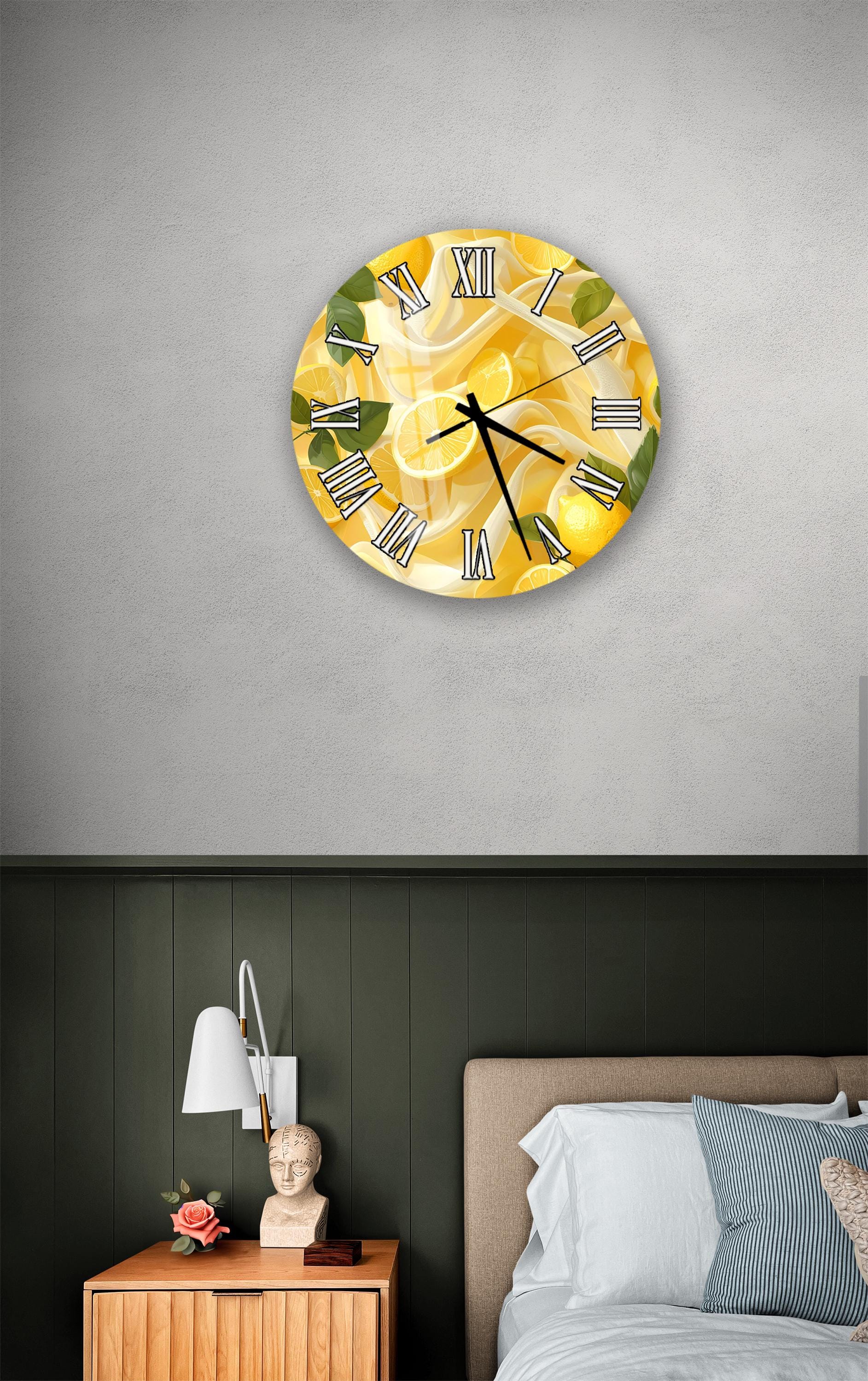 a wall clock with a yellow and green design, hanging above a bed with a wooden headboard.