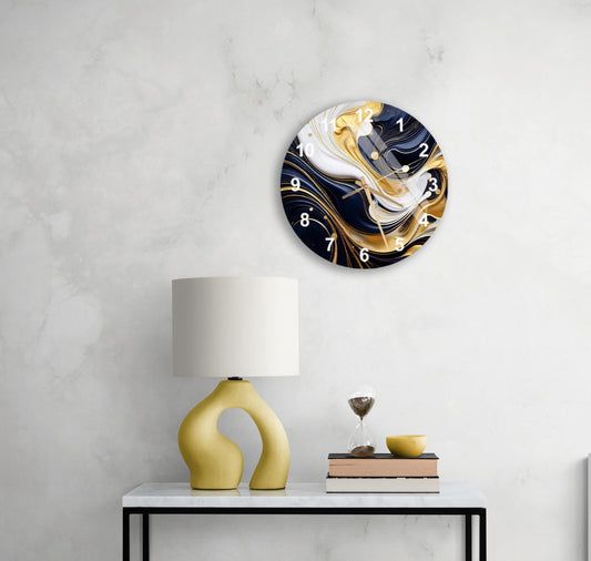 Tempered Glass Wall Clock - Marble Style Abstract Liquid Swirls Gold Purple Art