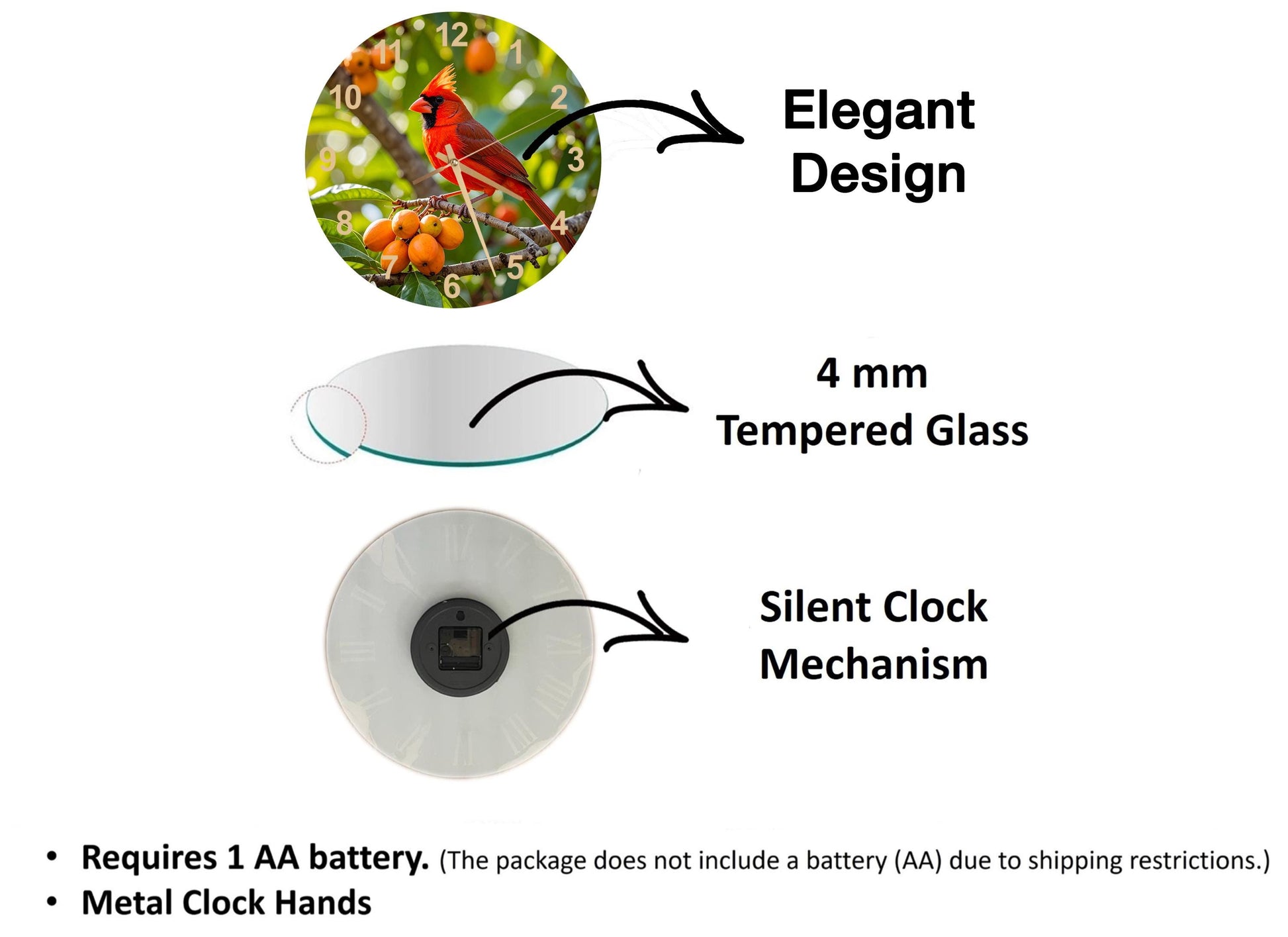 The image is a 3D rendering of a clock with a bird image, accompanied by text describing the features of the clock and its components.