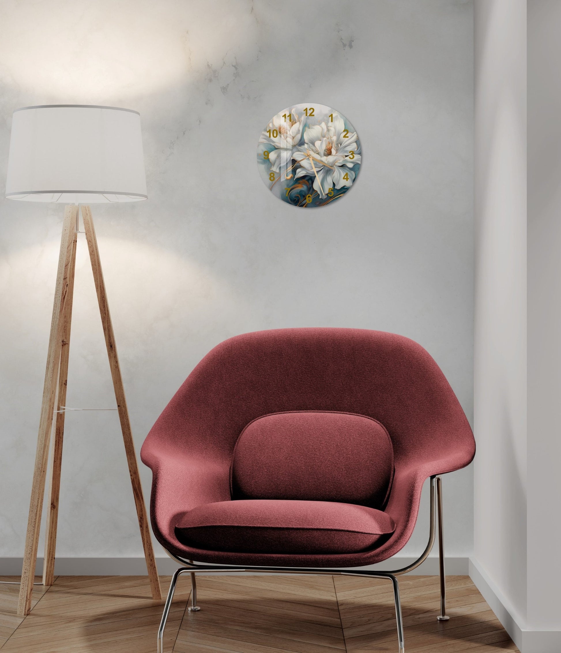 a living room with a chair and a clock on the wall