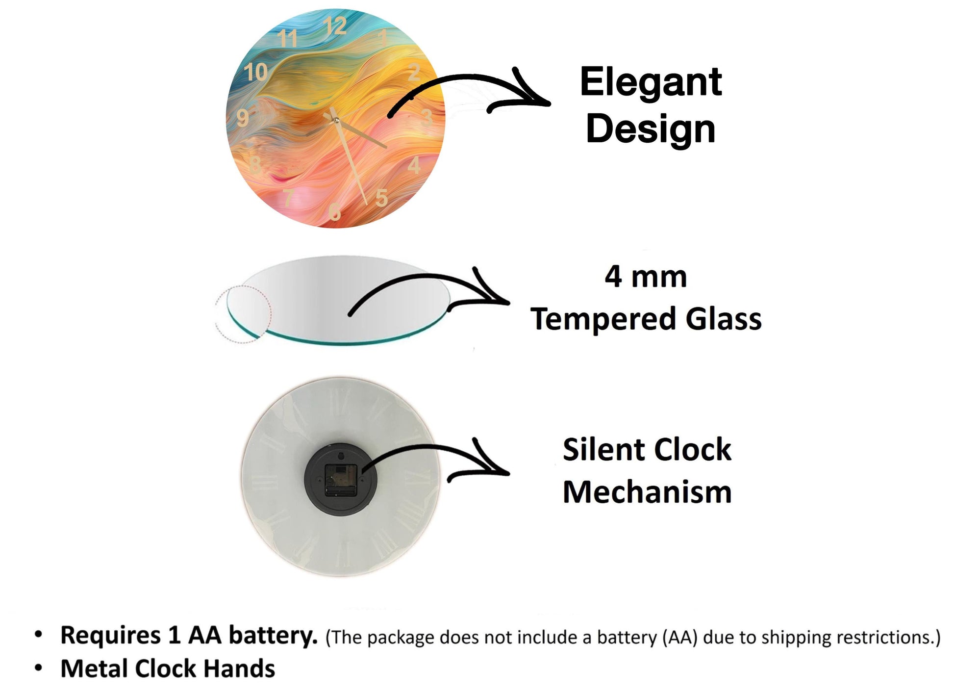 The image is a diagram that illustrates the features of a clock, including its design, size, and mechanism. It shows a 4 mm Tempered Glass clock, a silent clock mechanism, and a metal clock hand. The diagram also includes text that explains the features of the clock, such as the requirement of a 1 AA battery and the absence of a battery (AA) due to shipping restrictions.