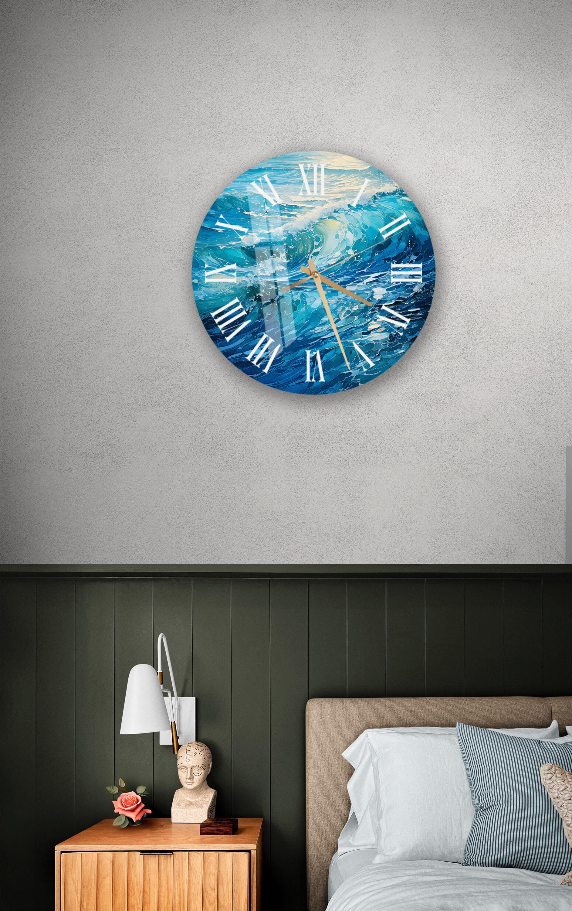 a bedroom with a bed and a clock on the wall
