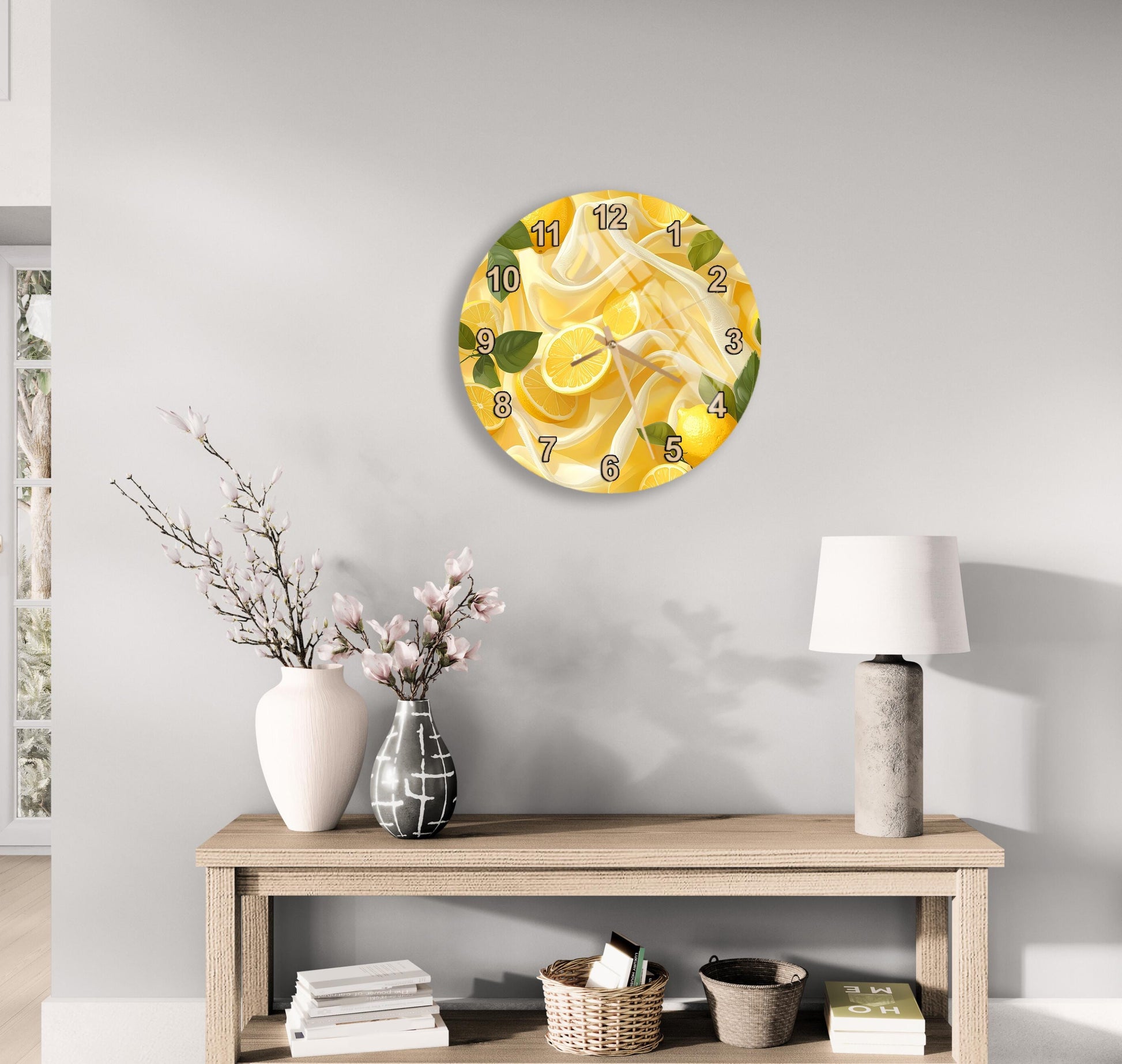 a modern living room with a wooden table, a lamp, a vase with flowers, and a clock with a lemon design on the wall.