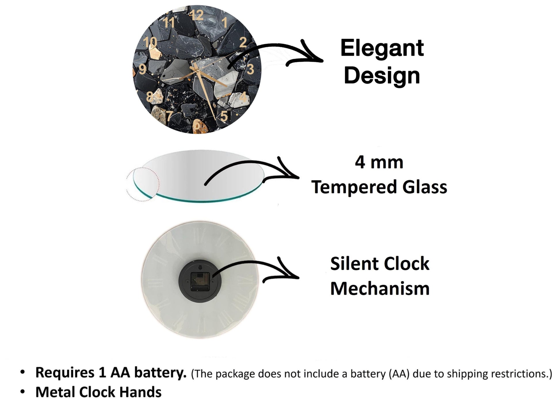 The image is a diagram that illustrates the features of a clock, including its design, materials, and mechanism. It shows a 4 mm Tempered Glass face, a silent clock mechanism, and a metal clock hand. The diagram also includes text that explains the features of the clock, such as the requirement of a 1 AA battery and the absence of a battery (AA) due to shipping restrictions.