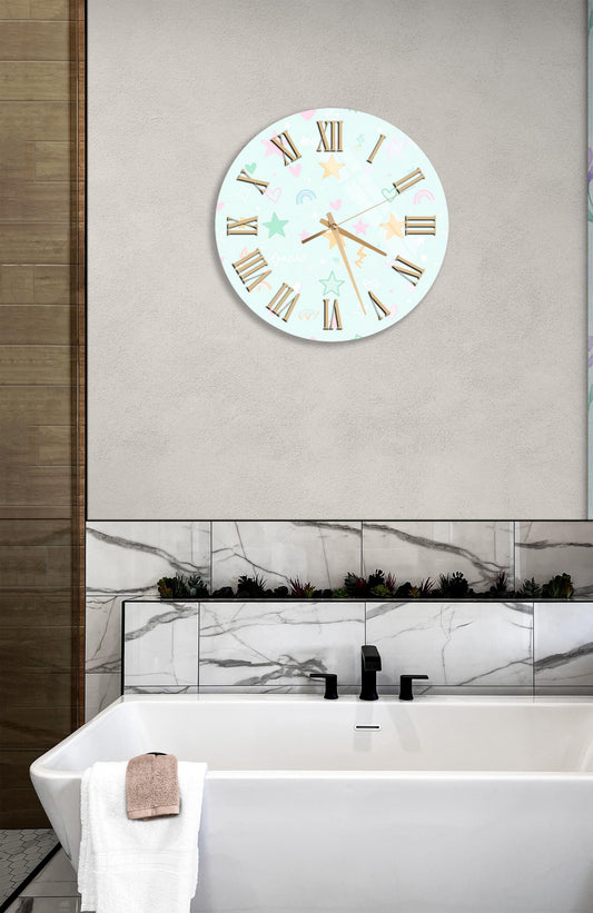 Tempered Glass Wall Clock - Mint Green Stars Hearts Rainbows Design, Modern Decor
