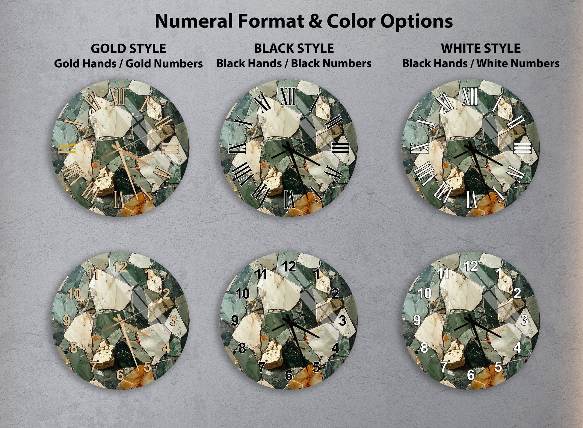 six different clock designs, each with a unique color and style, arranged in a grid format.