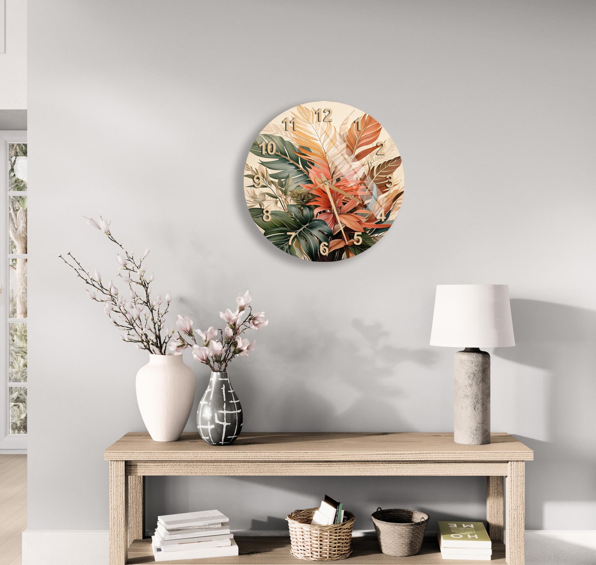 a table with a vase of flowers and a clock on the wall
