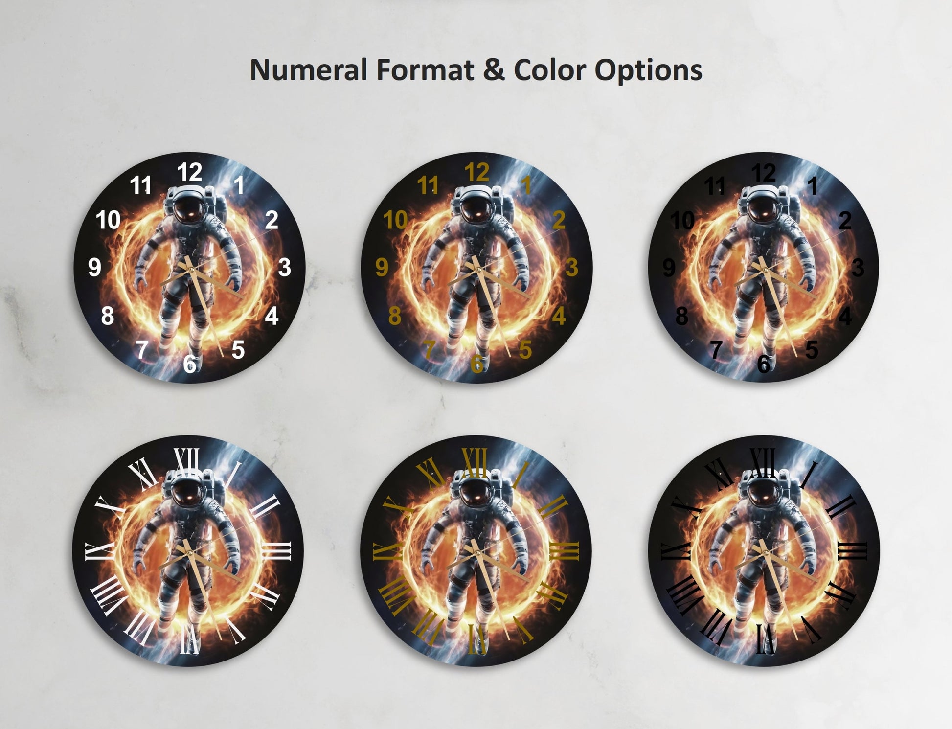 a set of four circular wall clocks with a picture of a man holding a gun